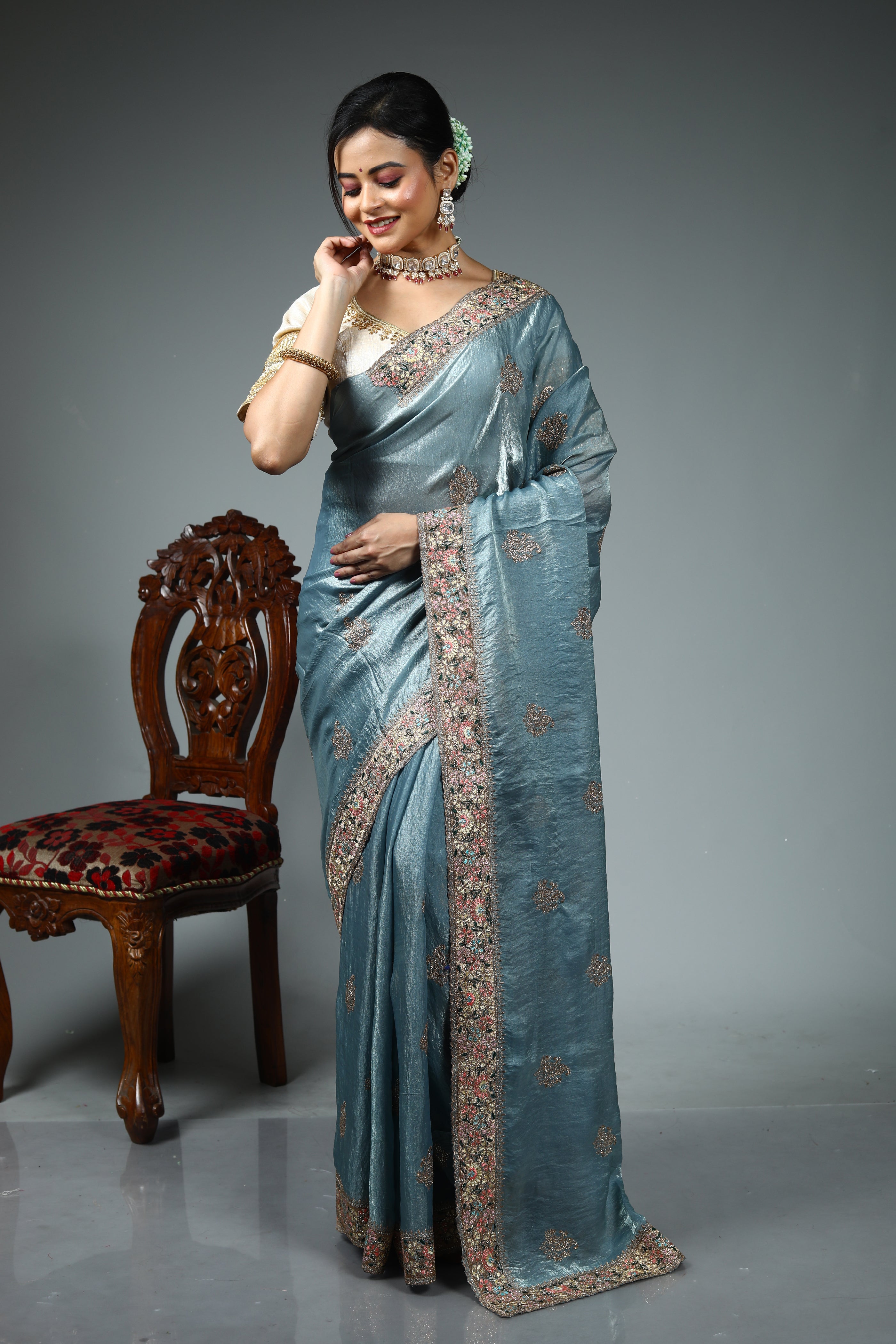 Light Grey Blended Georgette Saree