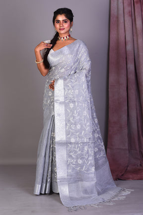 Grey Blended Silk Saree with ThreadWorks - Keya Seth Exclusive