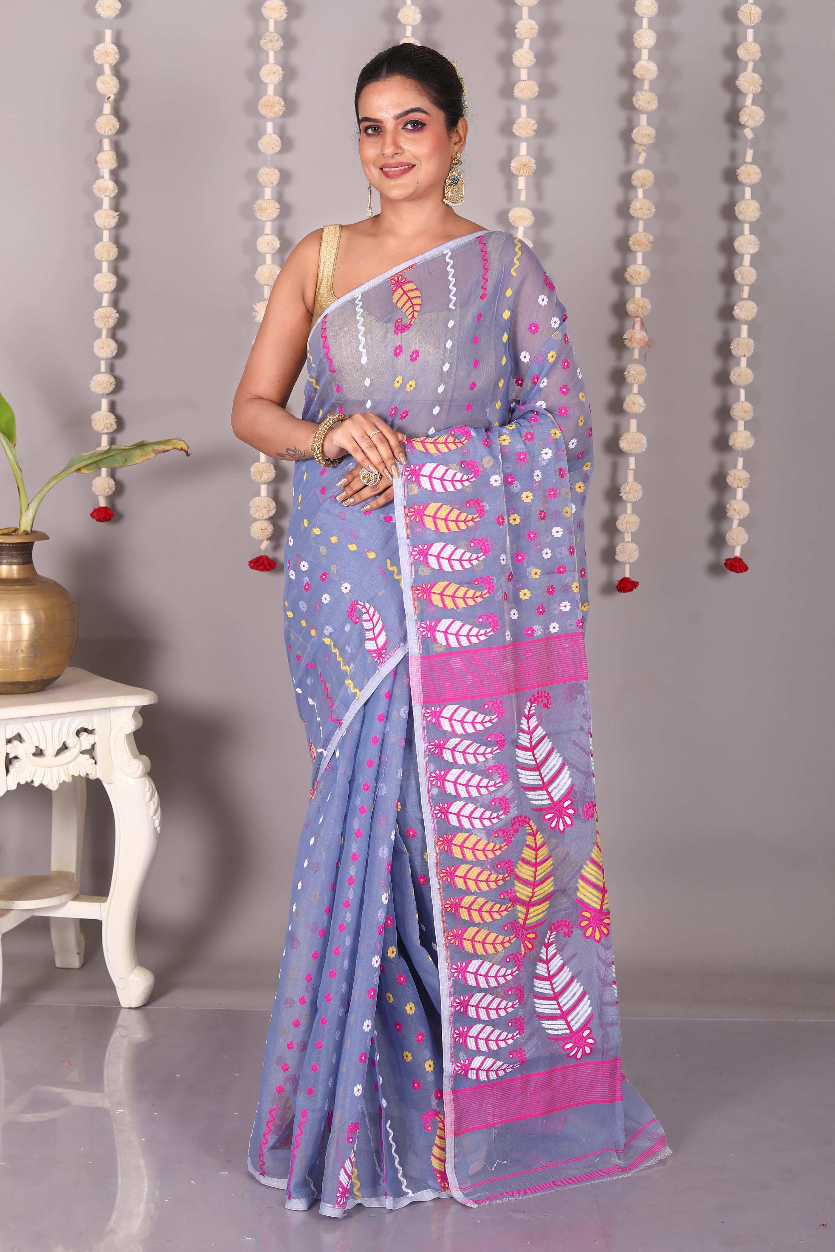 Grey Cotton Jamdani Saree - Keya Seth Exclusive