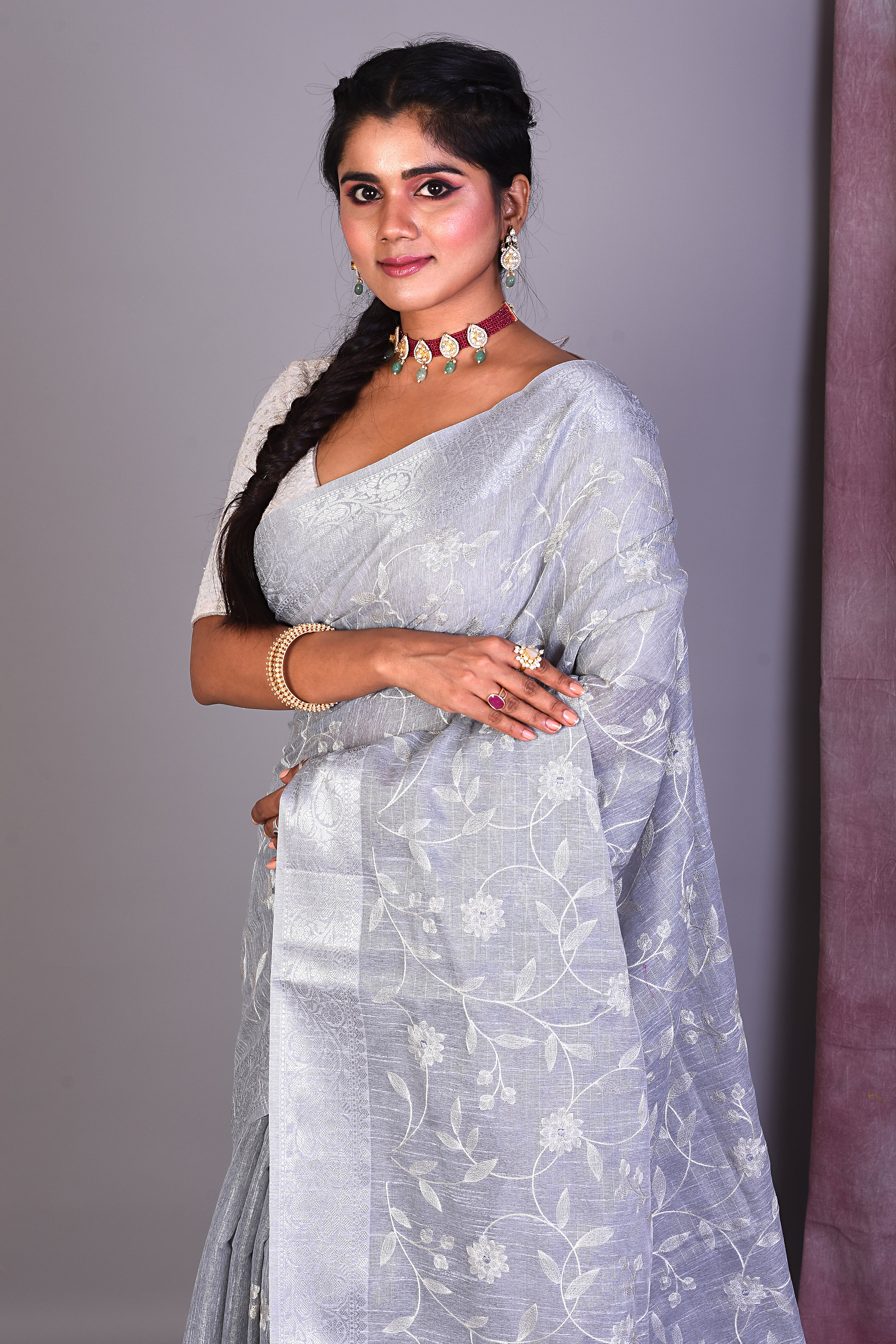 Grey Blended Silk Saree with ThreadWorks - Keya Seth Exclusive