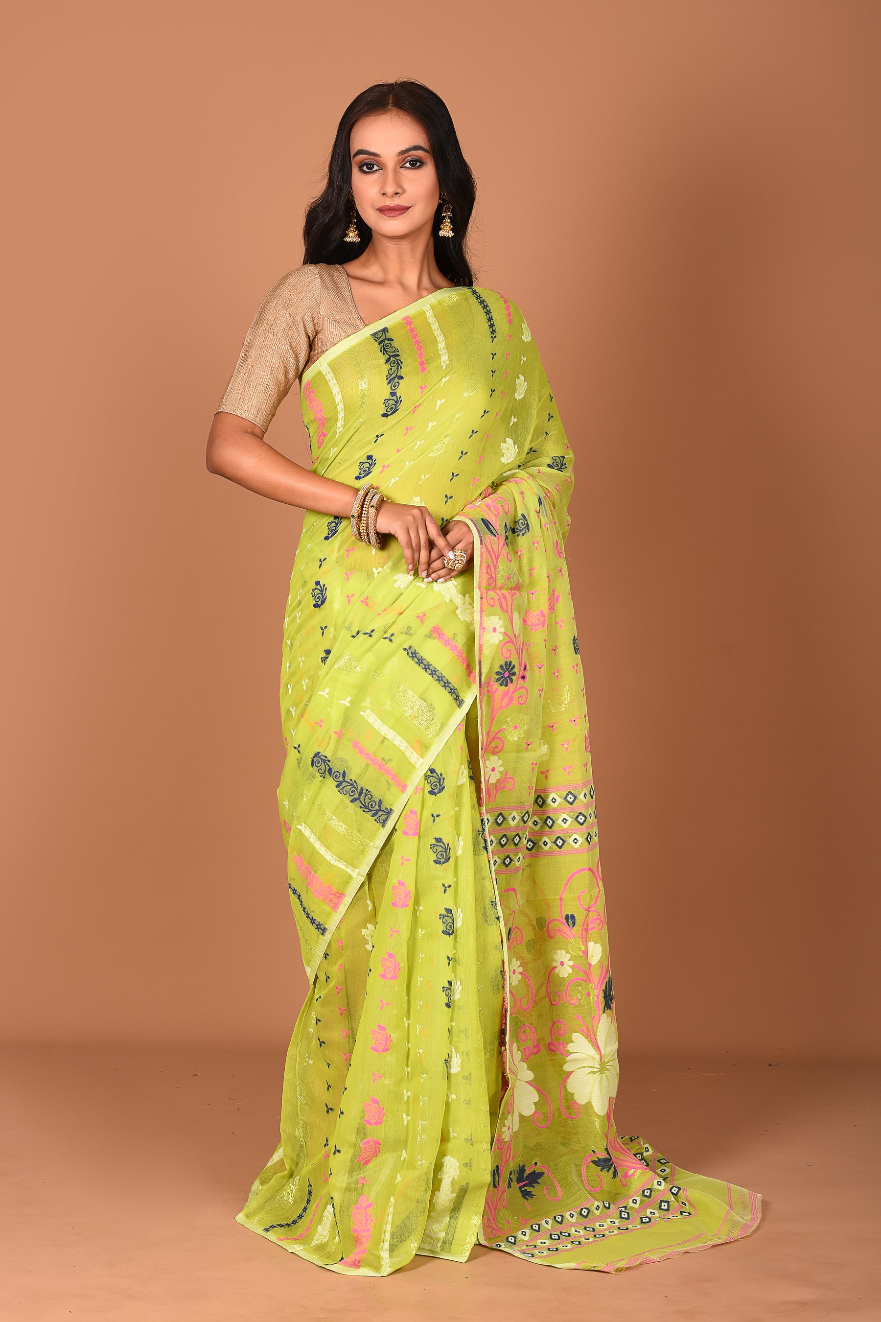 Lime Green Jamdani Saree - Keya Seth Exclusive