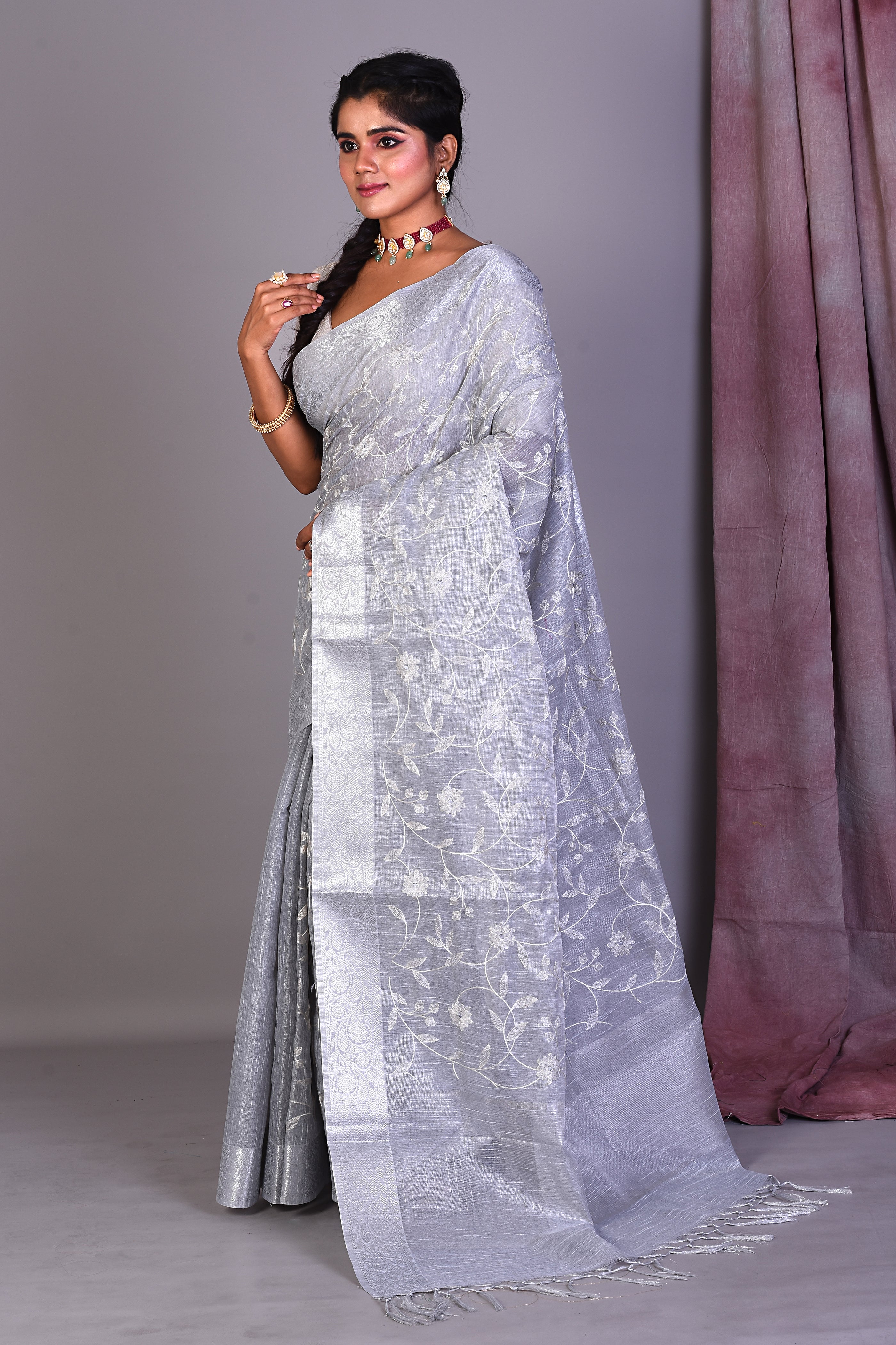 Grey Blended Silk Saree with ThreadWorks - Keya Seth Exclusive