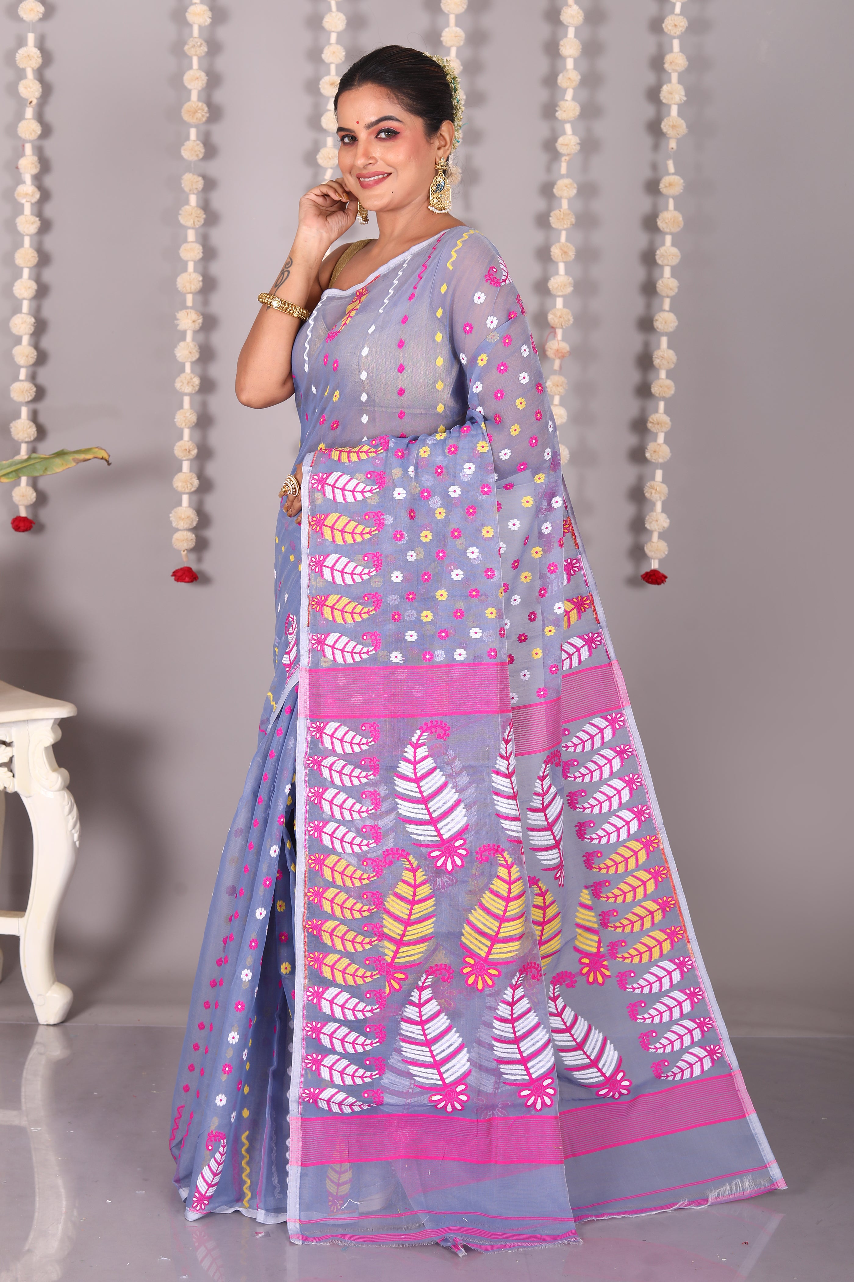 Grey Cotton Jamdani Saree - Keya Seth Exclusive