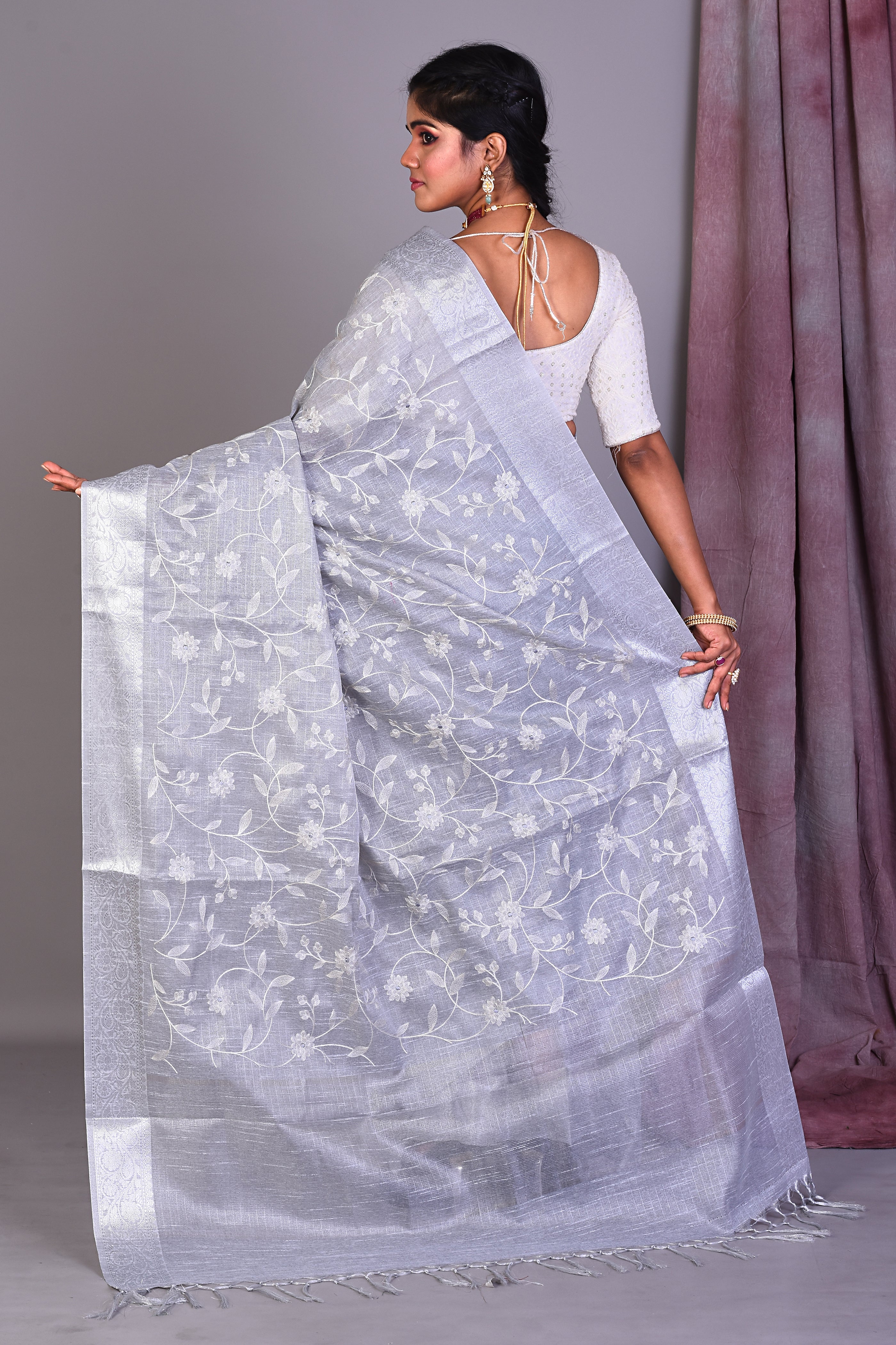 Grey Blended Silk Saree with ThreadWorks - Keya Seth Exclusive