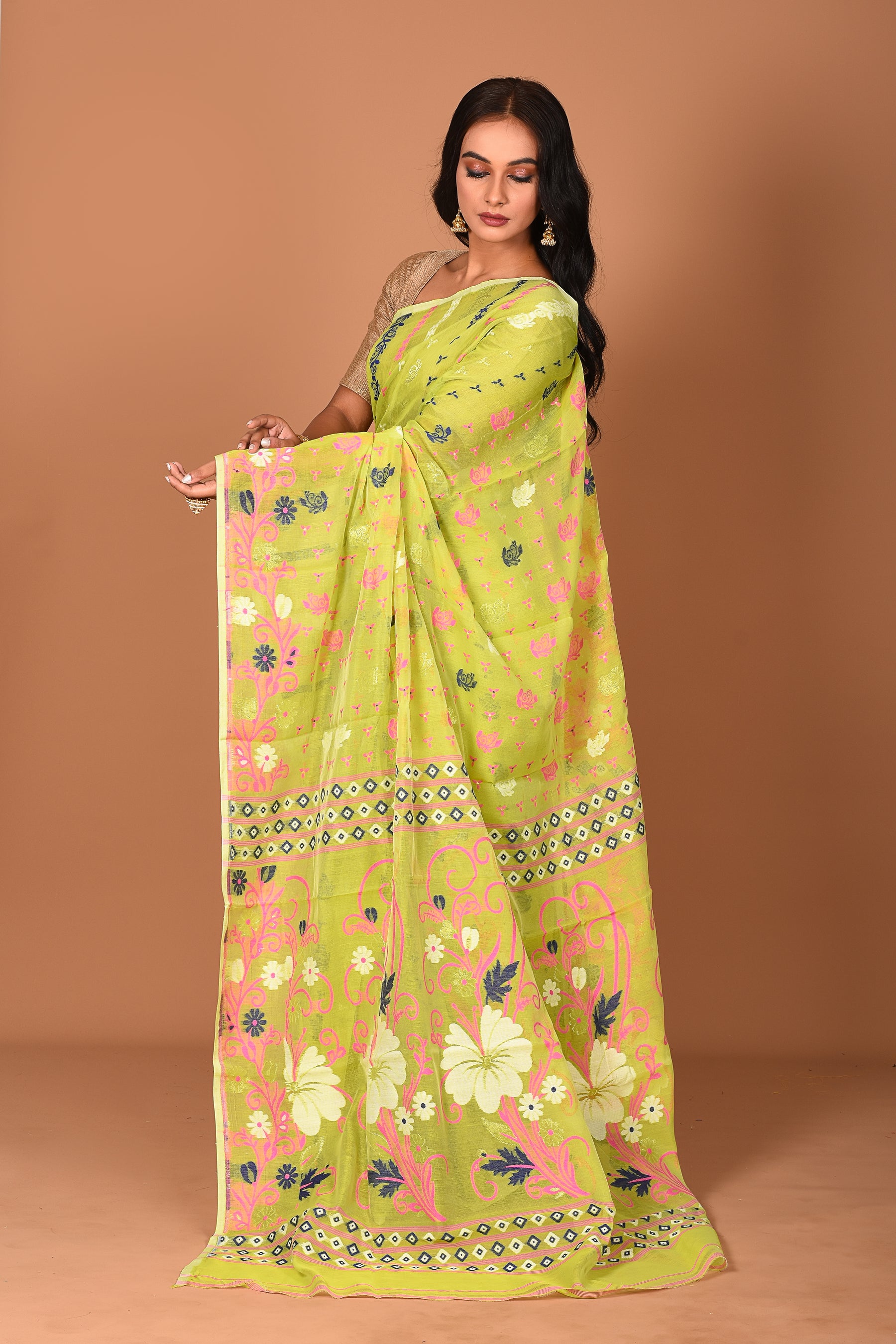 Lime Green Jamdani Saree - Keya Seth Exclusive