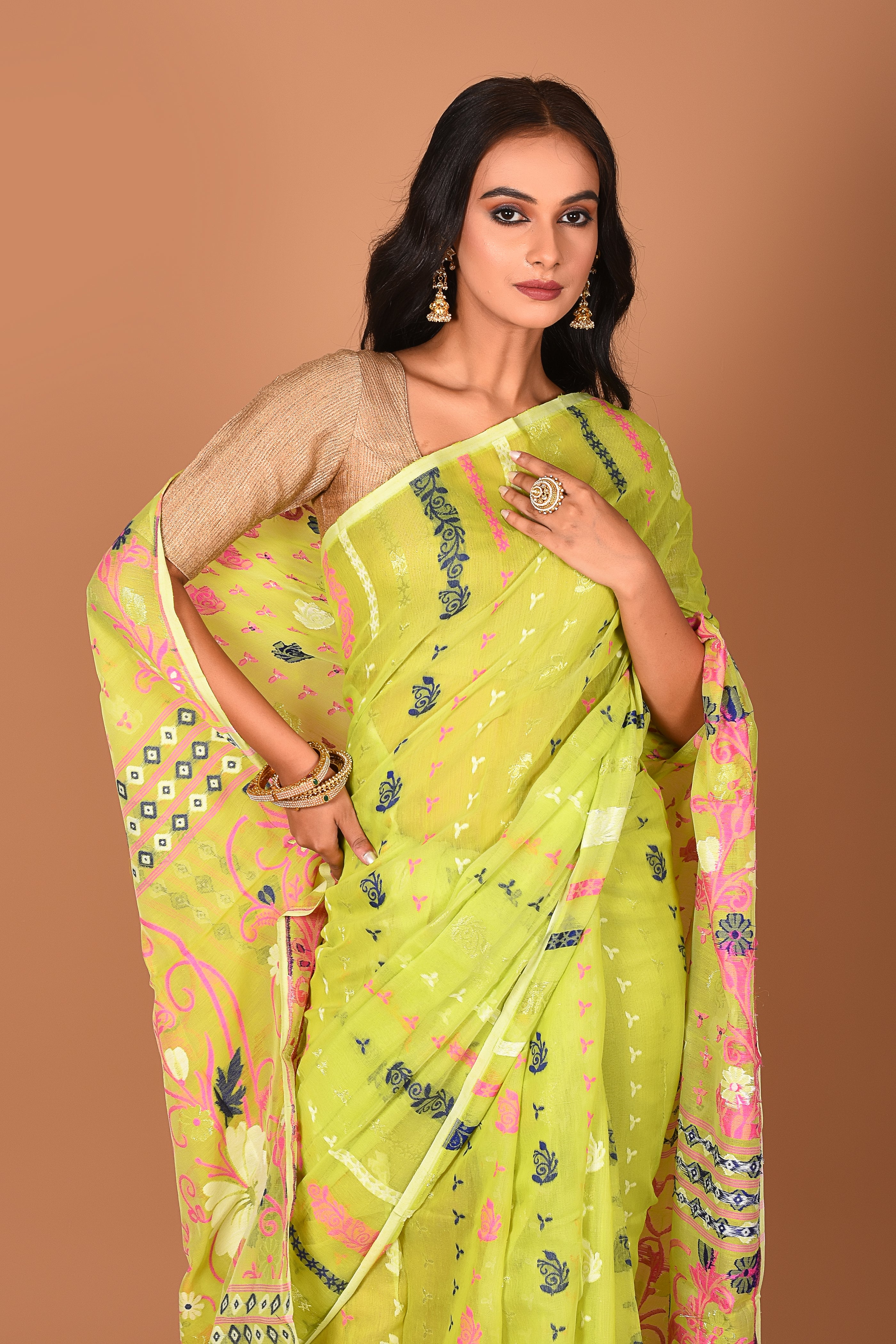 Lime Green Jamdani Saree - Keya Seth Exclusive