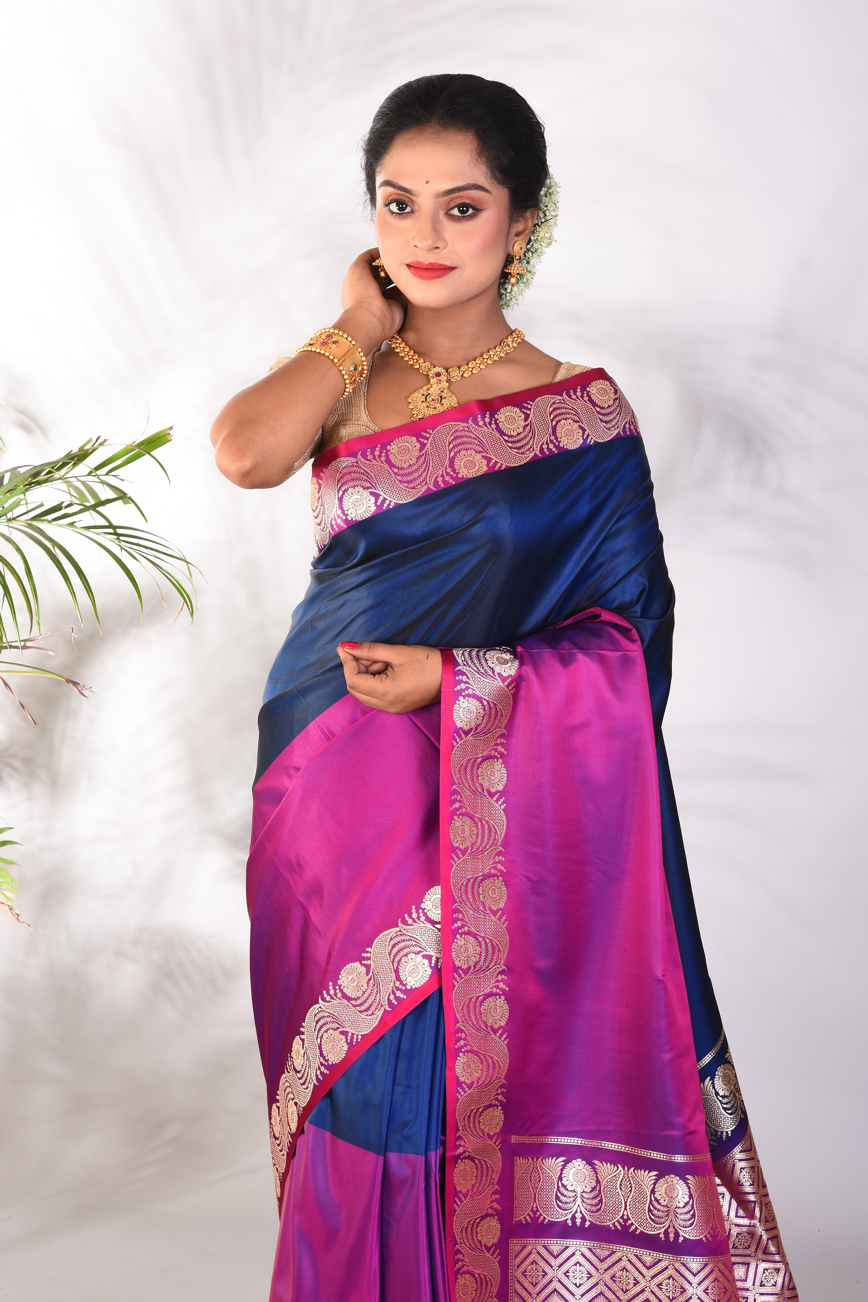 Purple &amp; Blue Mushroo Silk Saree - Keya Seth Exclusive