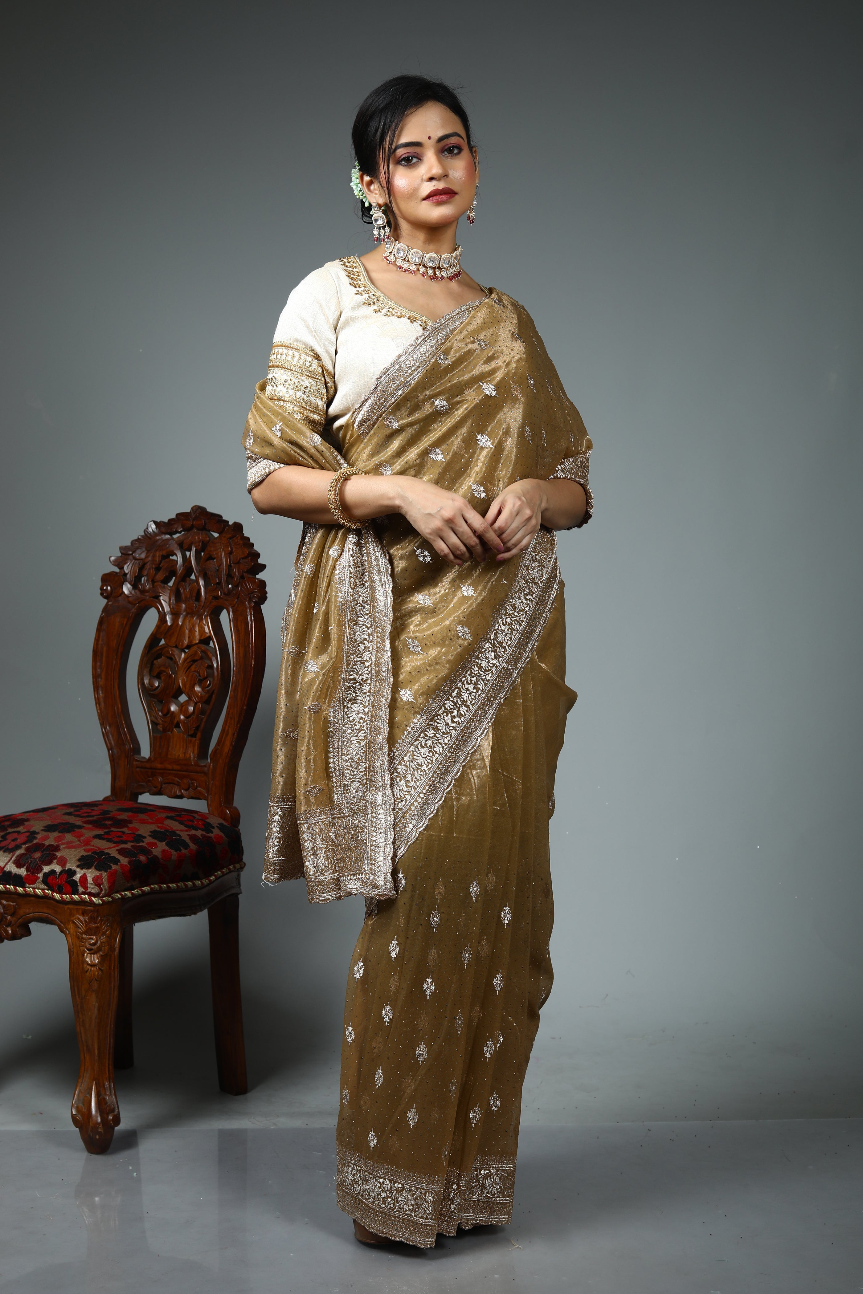 Light Yellow Blended Georgette Saree