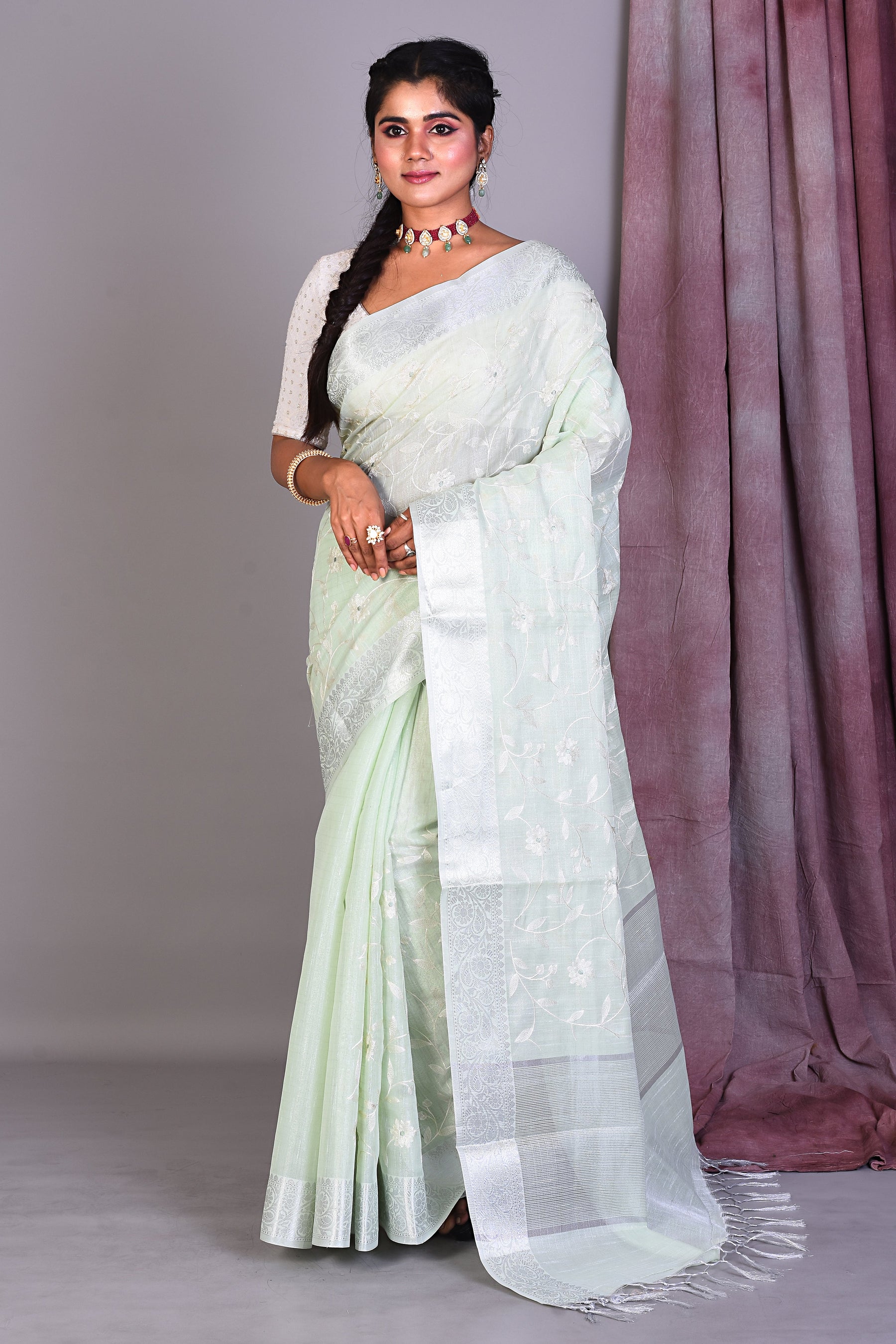 Light Green Blended Silk Saree with ThreadWorks - Keya Seth Exclusive