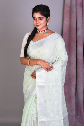 Light Green Blended Silk Saree with ThreadWorks - Keya Seth Exclusive