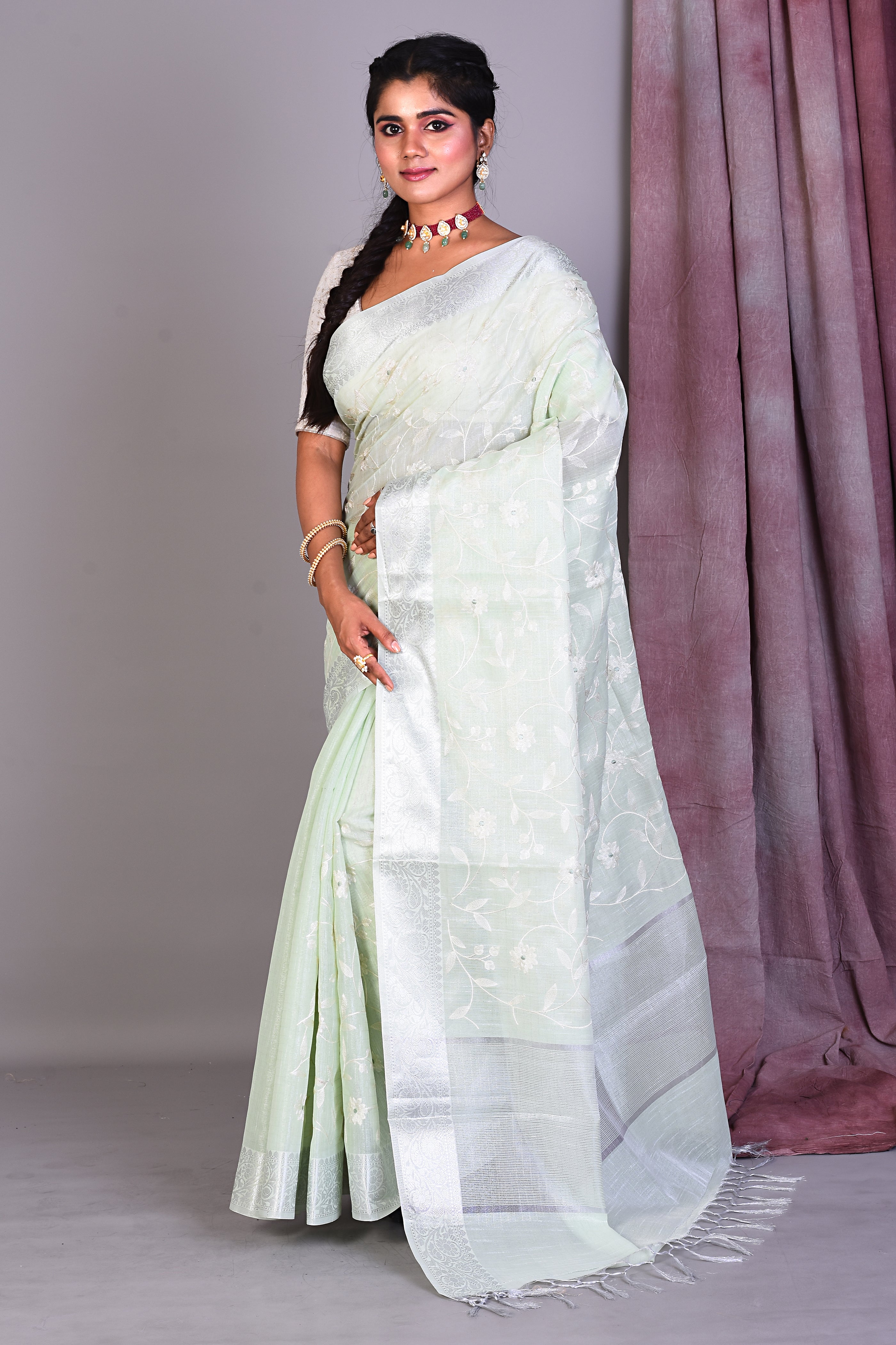 Light Green Blended Silk Saree with ThreadWorks - Keya Seth Exclusive