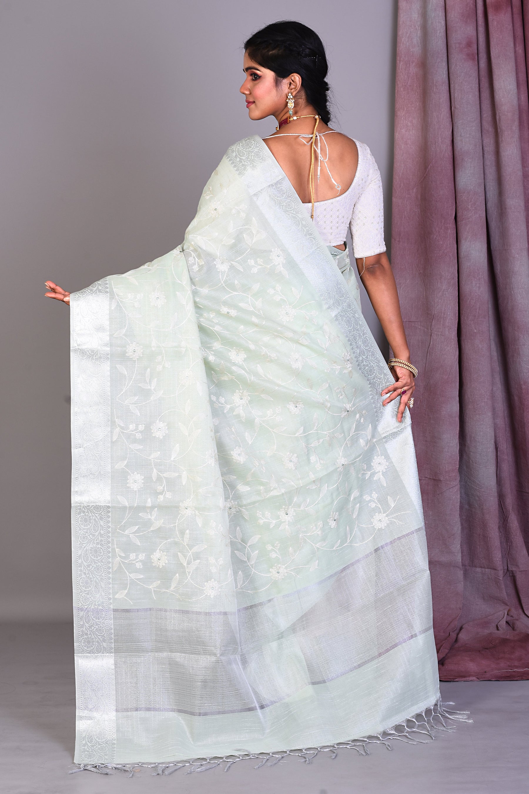 Light Green Blended Silk Saree with ThreadWorks - Keya Seth Exclusive