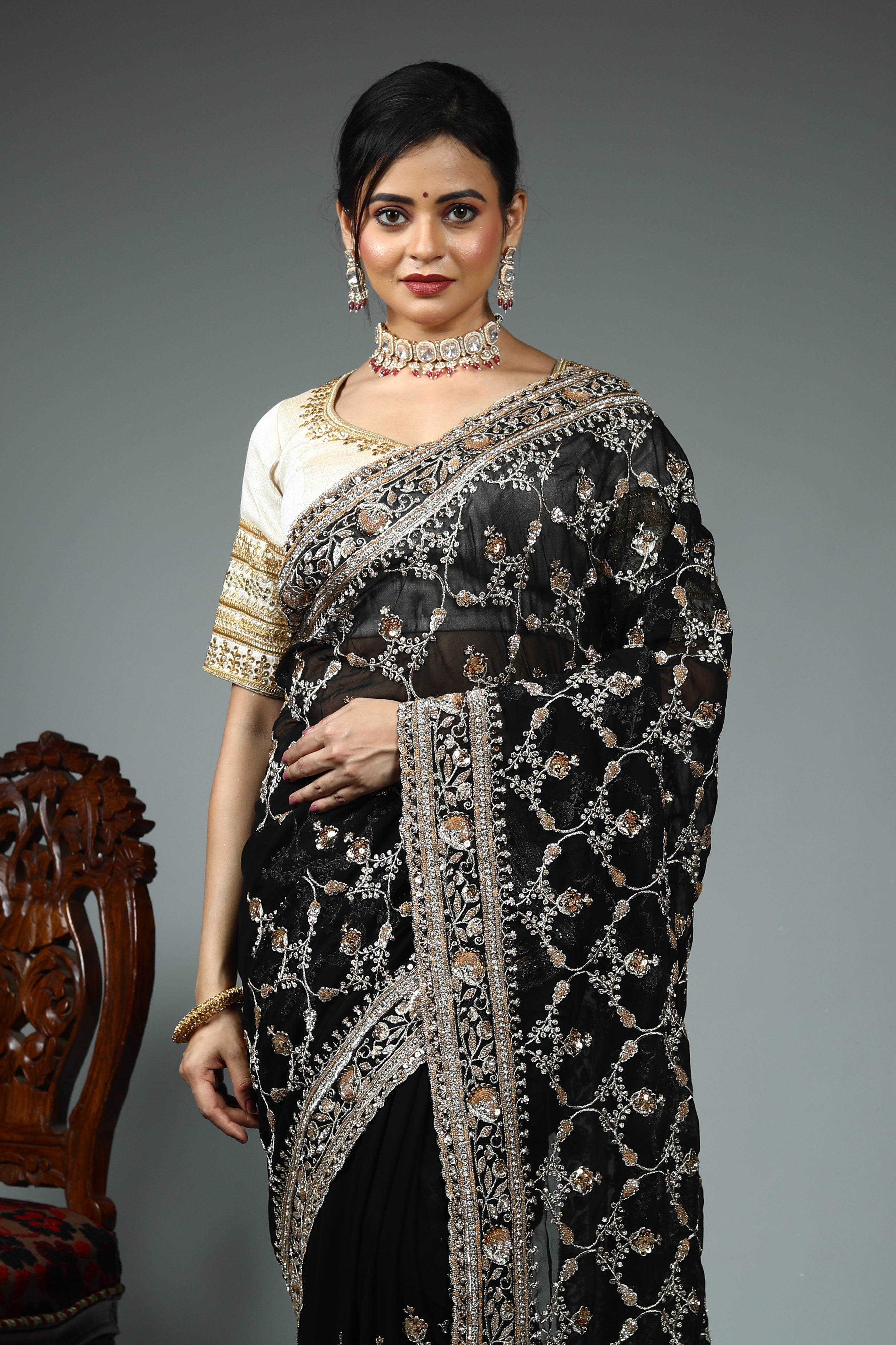 Black Blended Georgette Saree