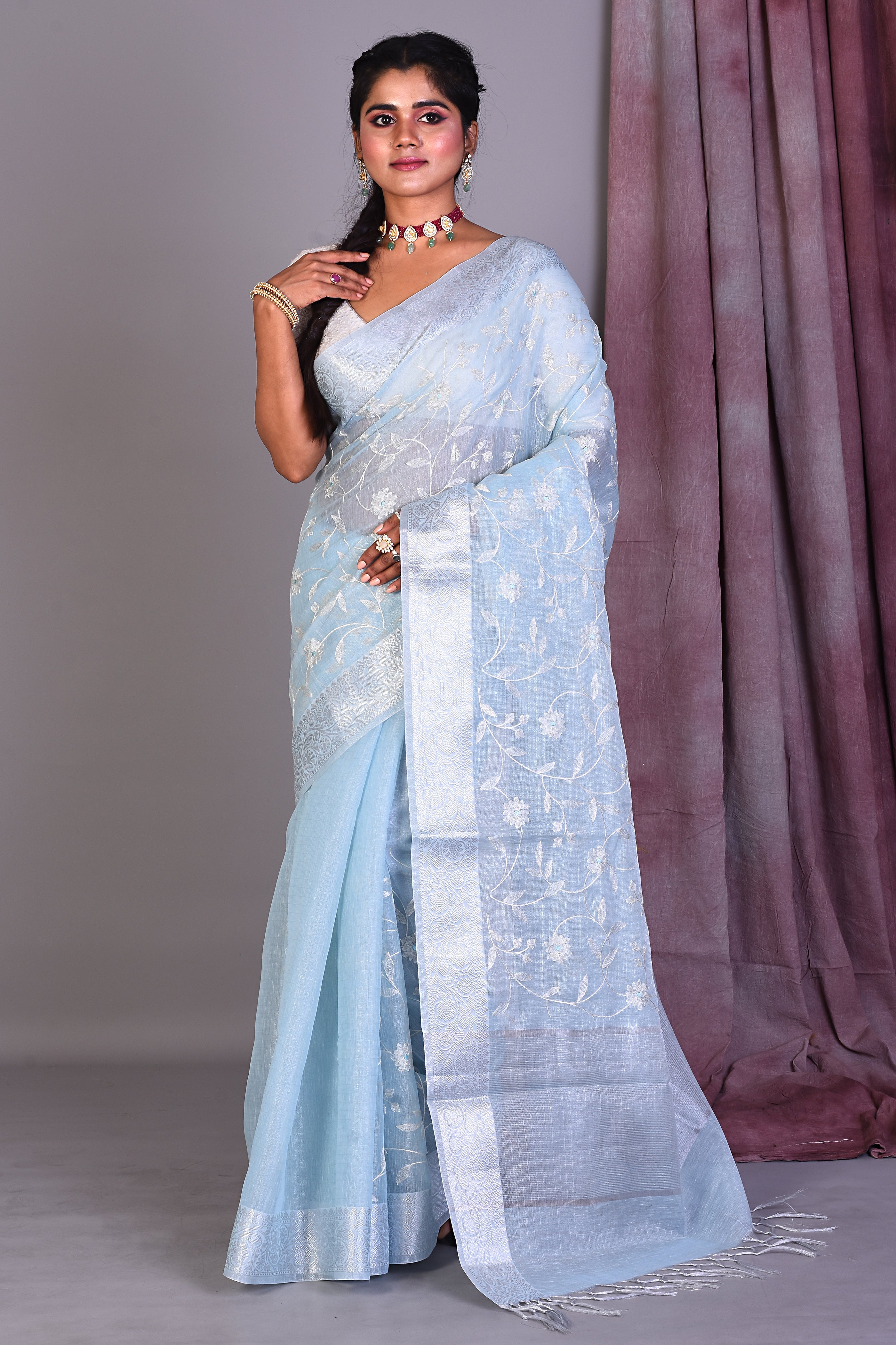 Sky Blue Blended Silk Saree with ThreadWorks - Keya Seth Exclusive