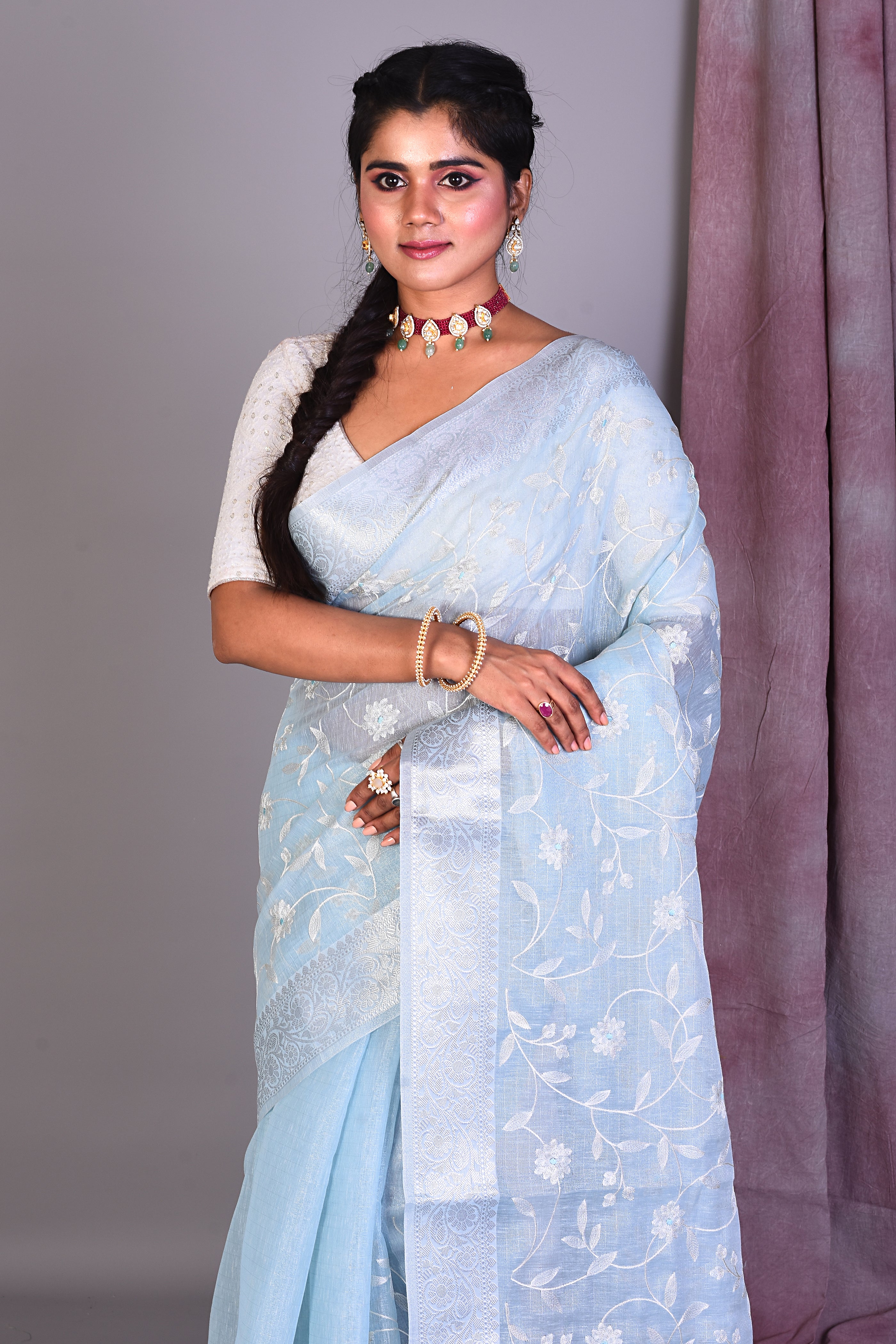 Sky Blue Blended Silk Saree with ThreadWorks - Keya Seth Exclusive