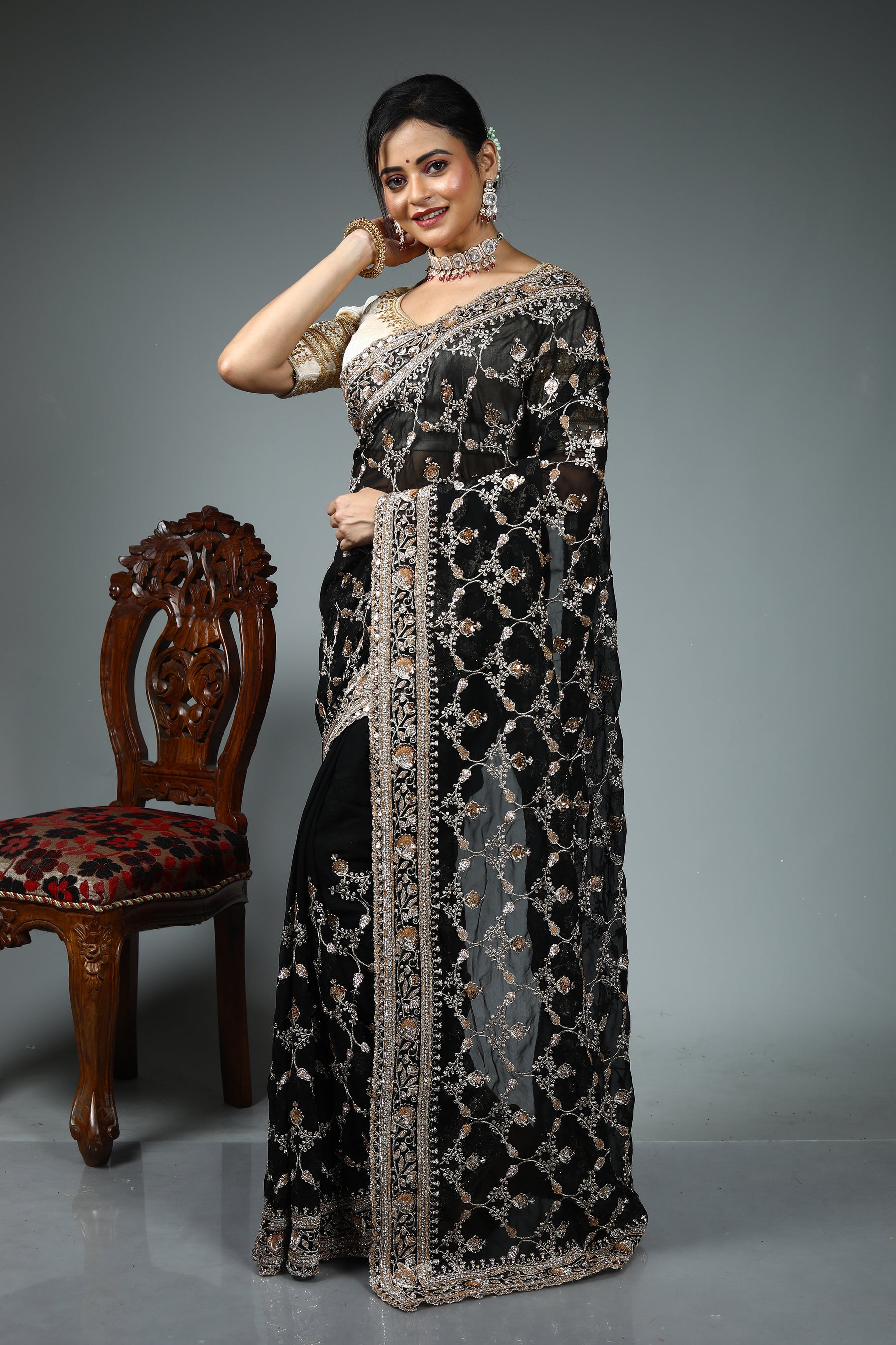 Black Blended Georgette Saree