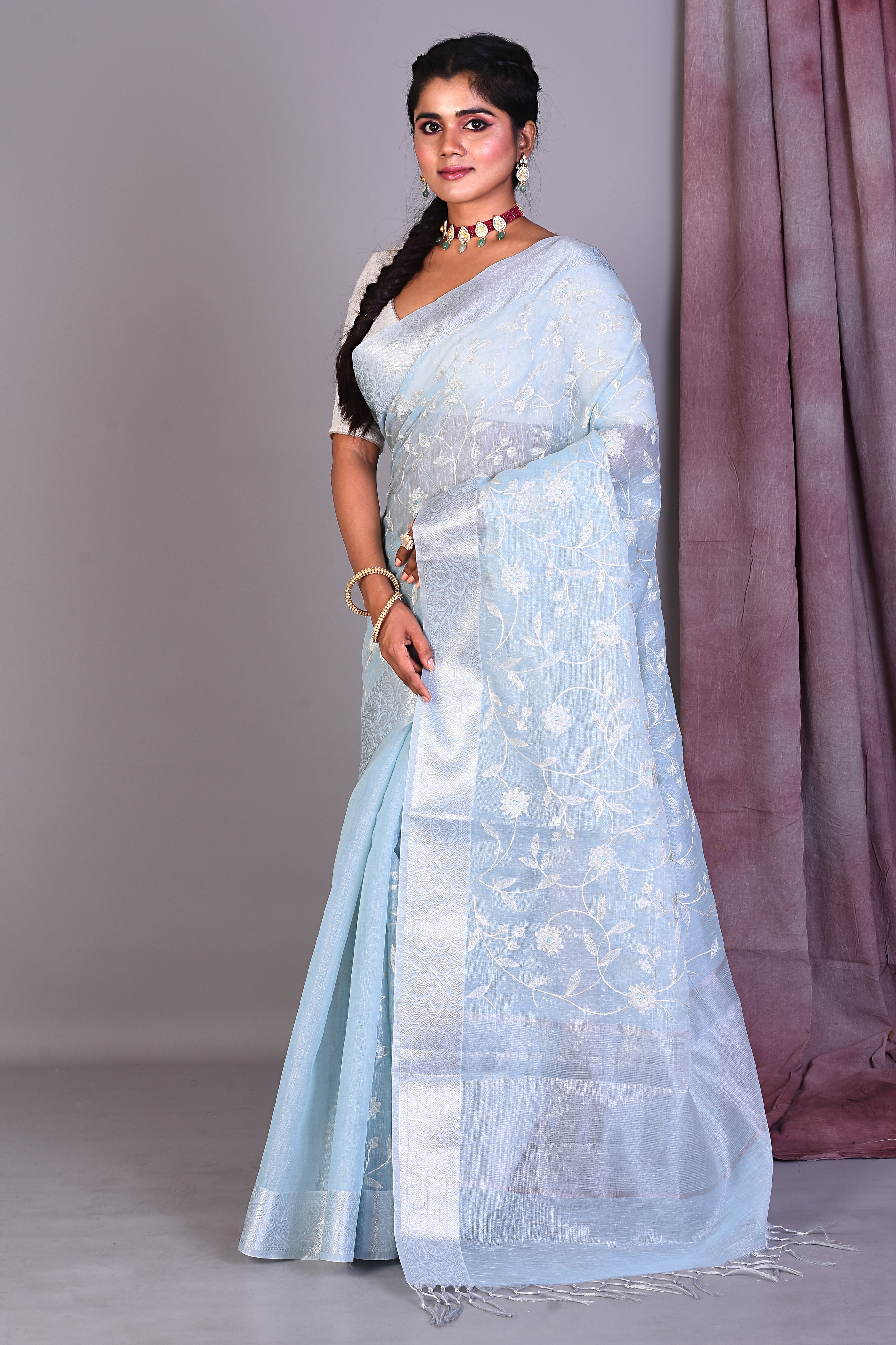 Sky Blue Blended Silk Saree with ThreadWorks - Keya Seth Exclusive