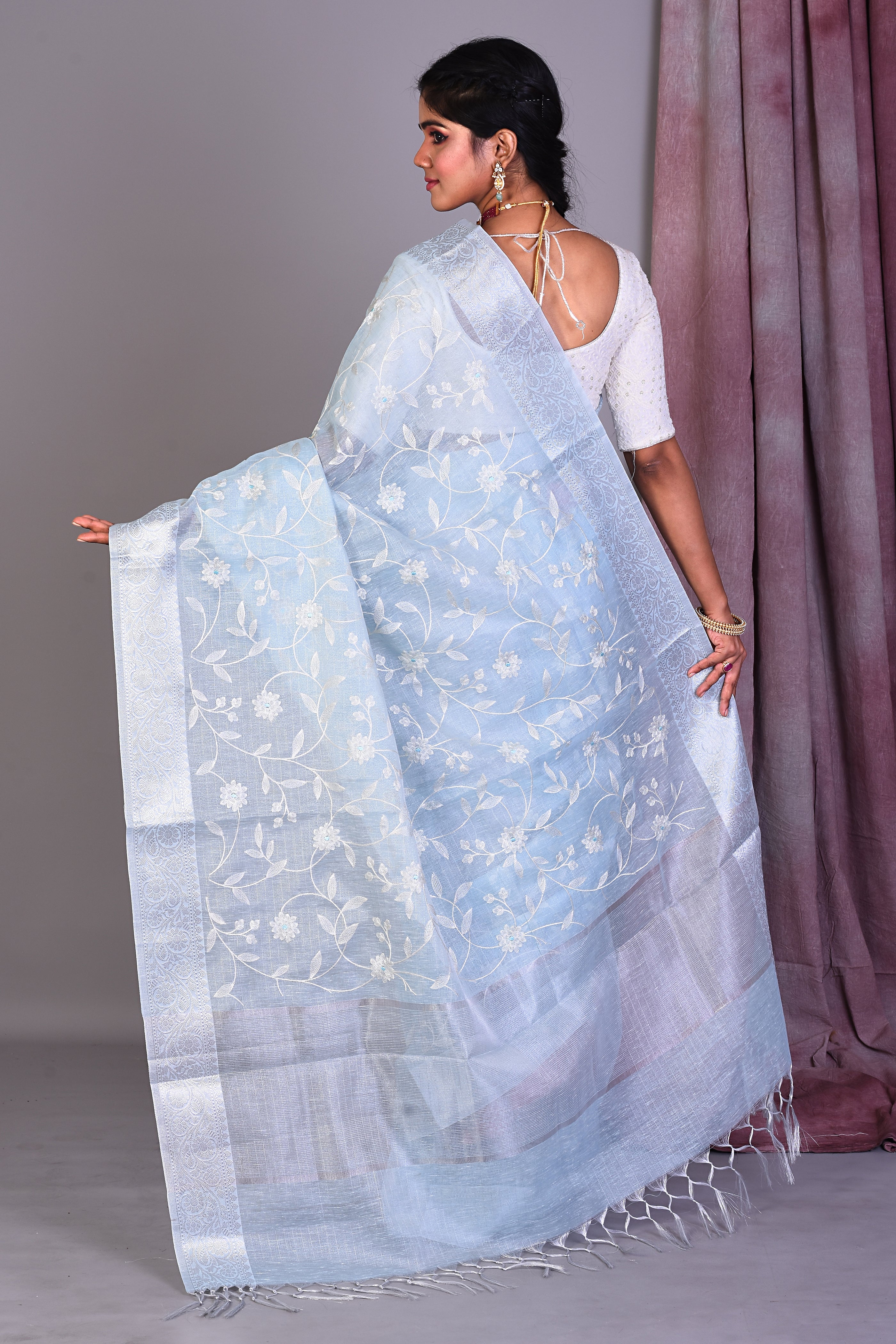 Sky Blue Blended Silk Saree with ThreadWorks - Keya Seth Exclusive