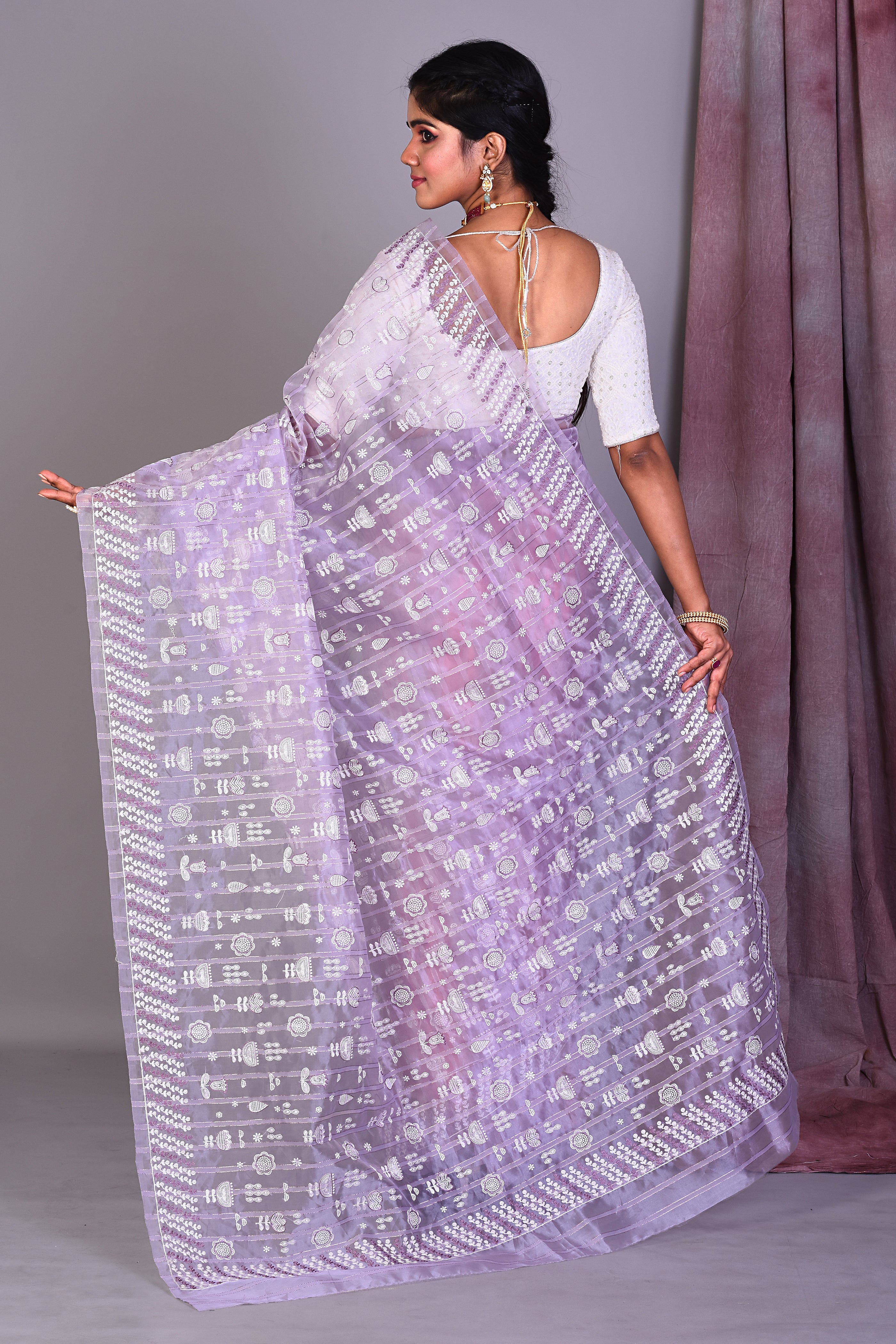 Light Purple Blended Organza Saree with ThreadWorks - Keya Seth Exclusive