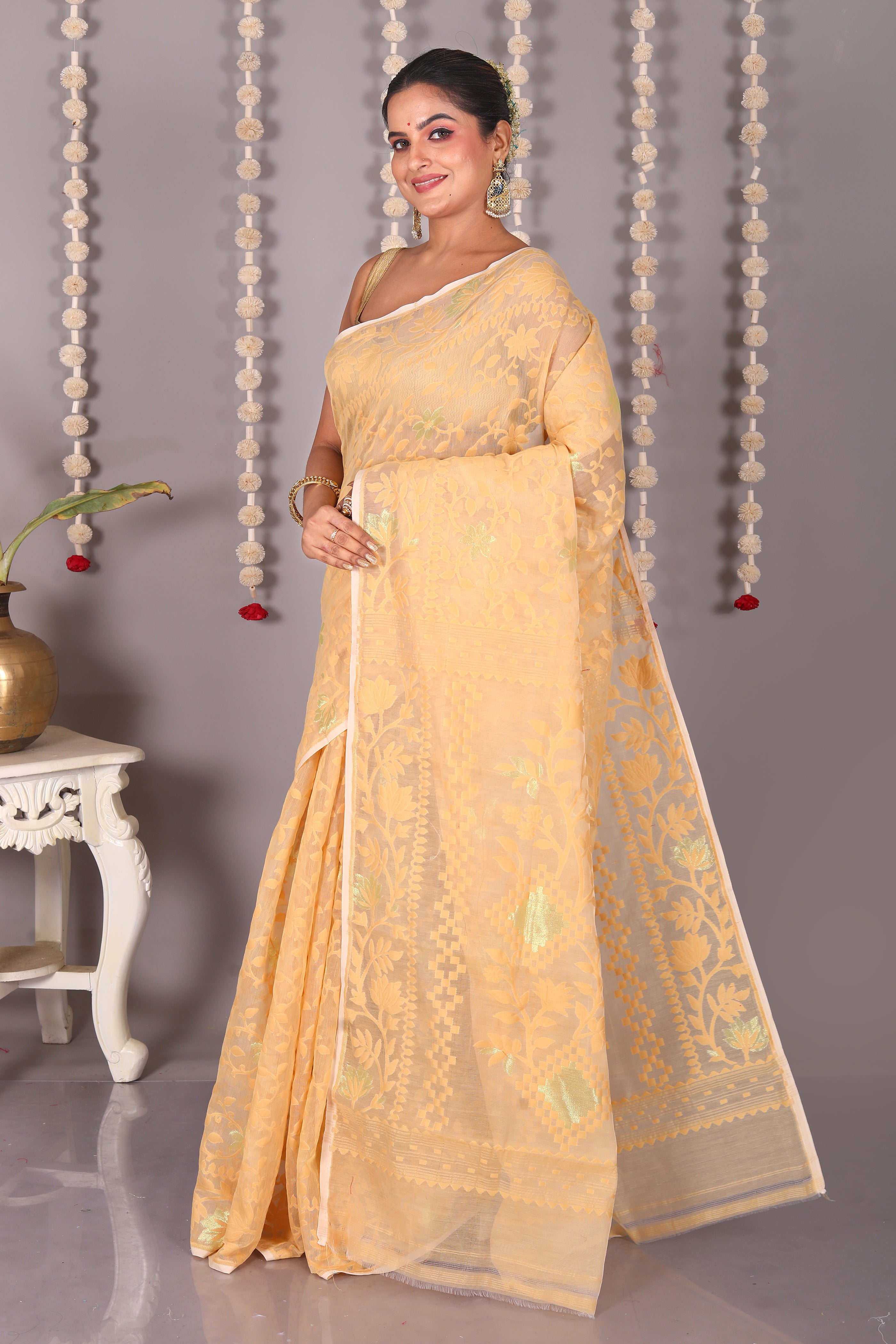 Yellow Cotton Jamdani Saree - Keya Seth Exclusive