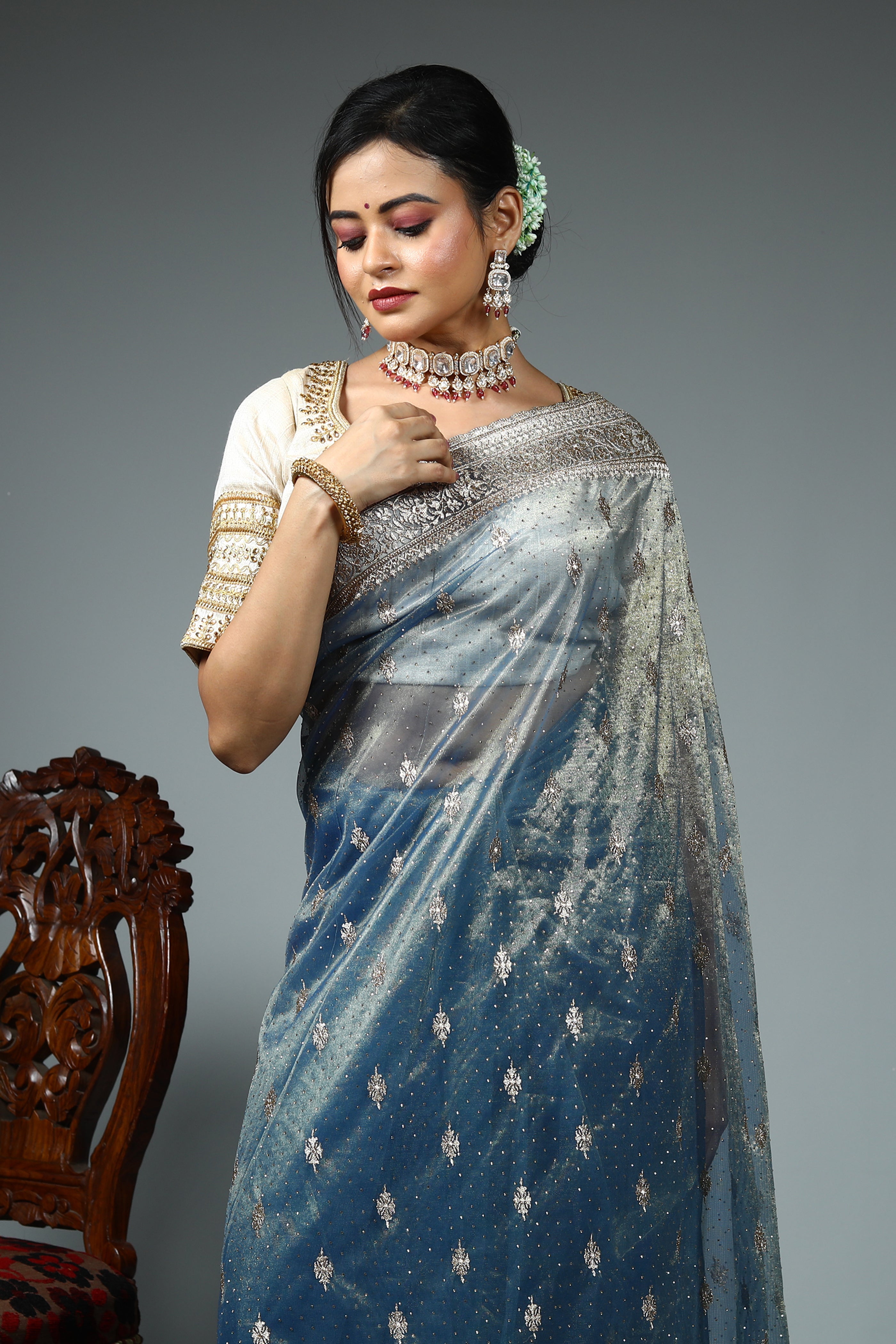 Blue Blended Georgette Saree