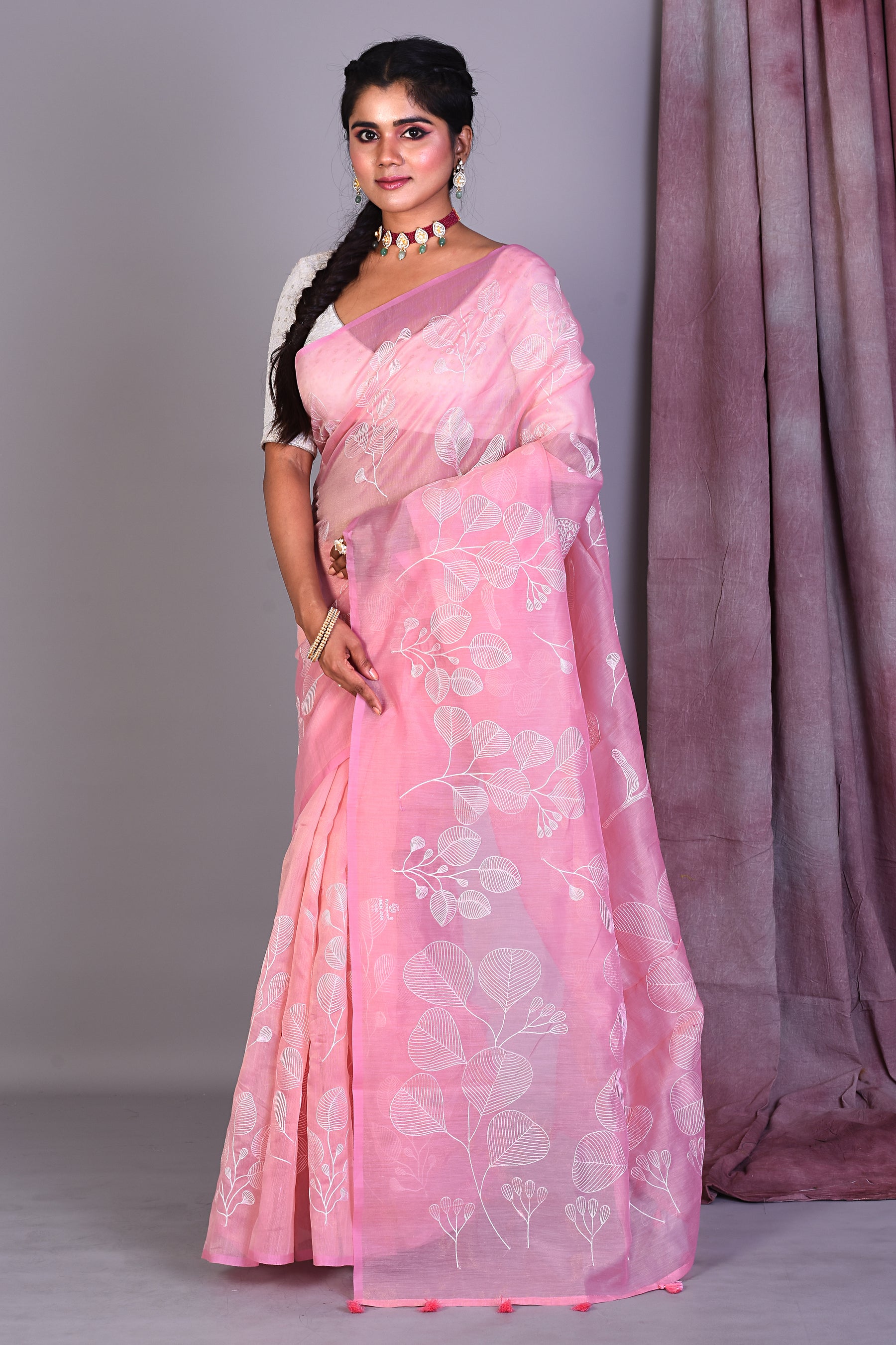 Light Pink Blended Organza Saree with ThreadWorks - Keya Seth Exclusive