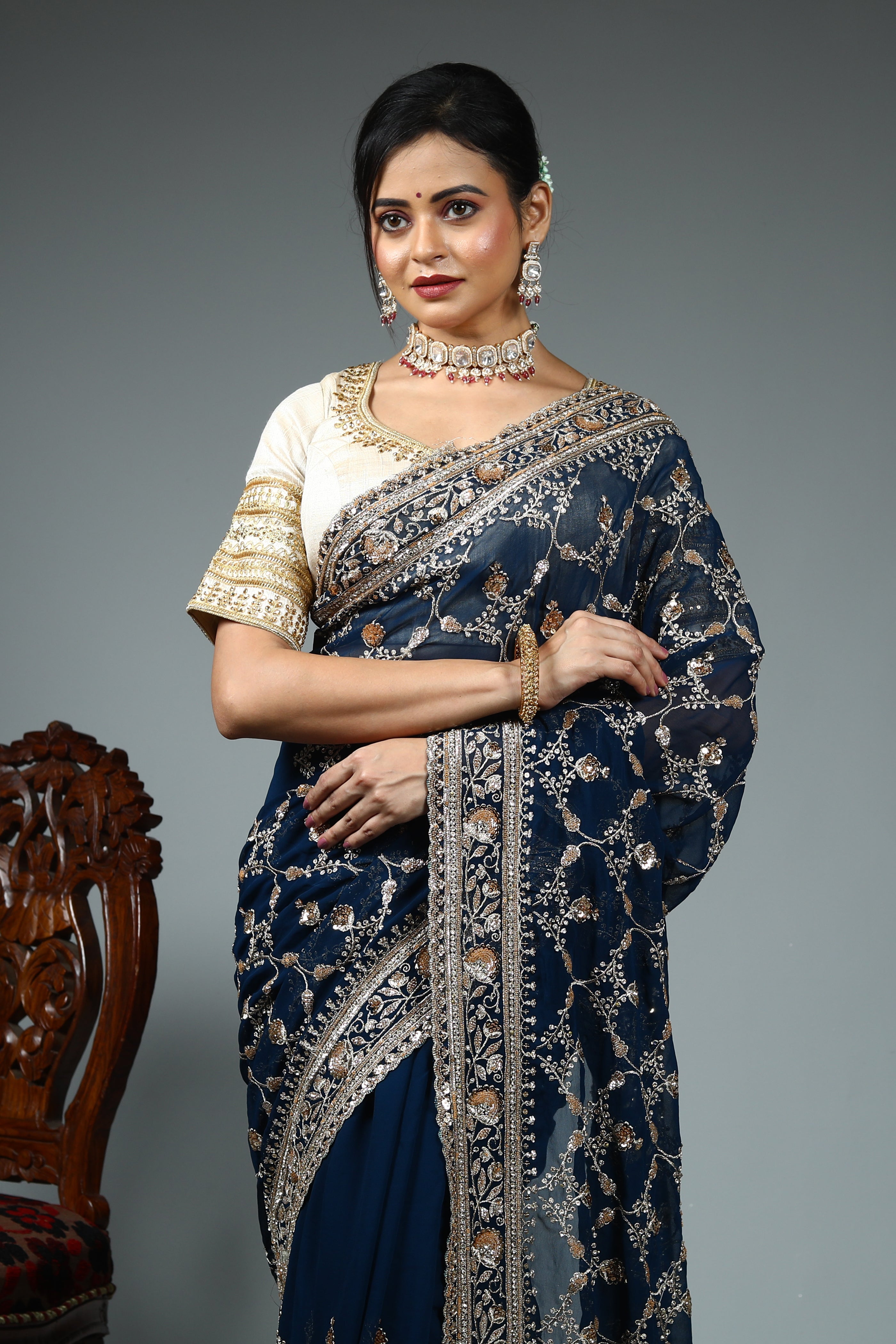 Midnight Blue Blended Georgette Saree