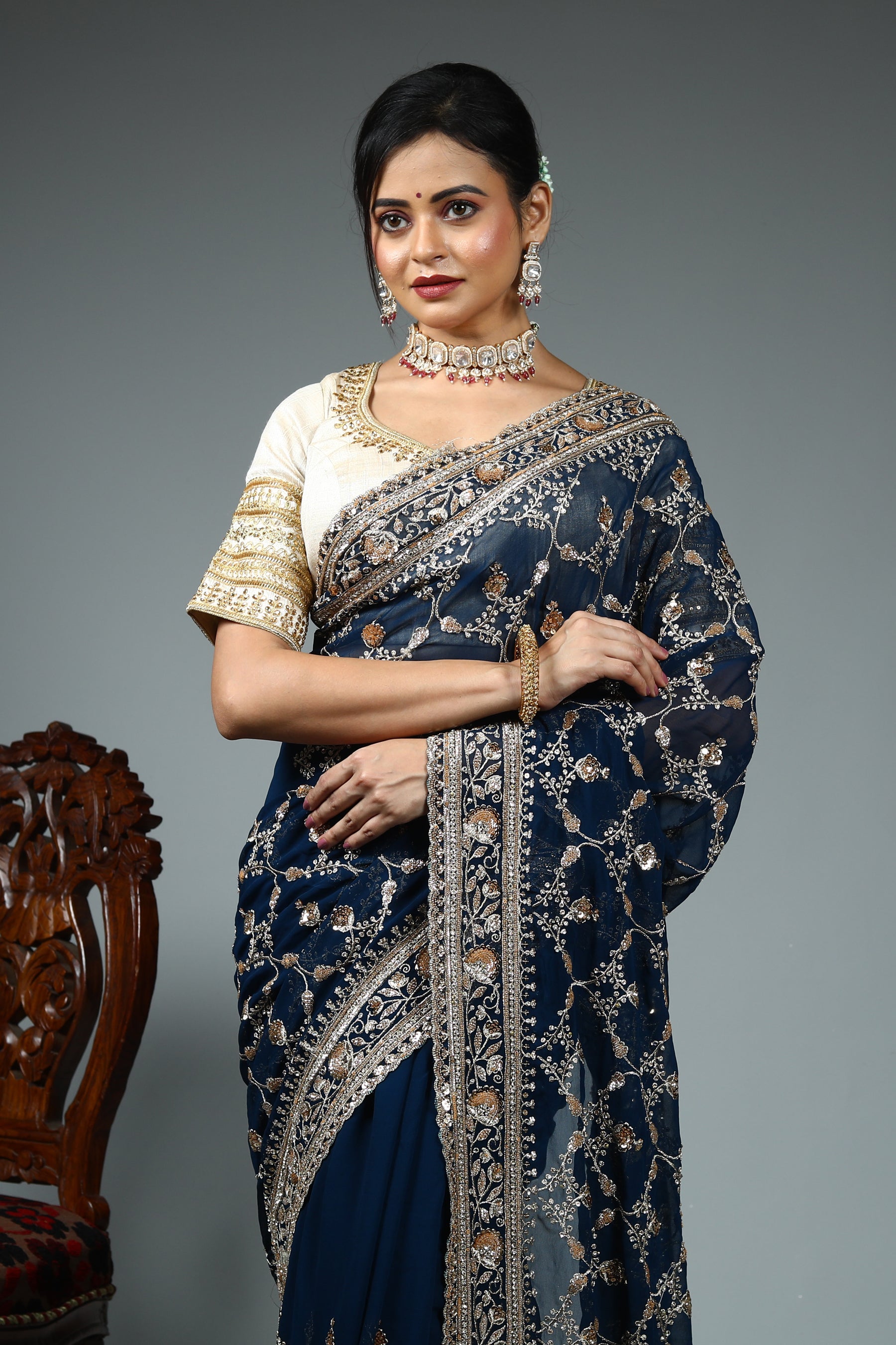 Midnight Blue Blended Georgette Saree
