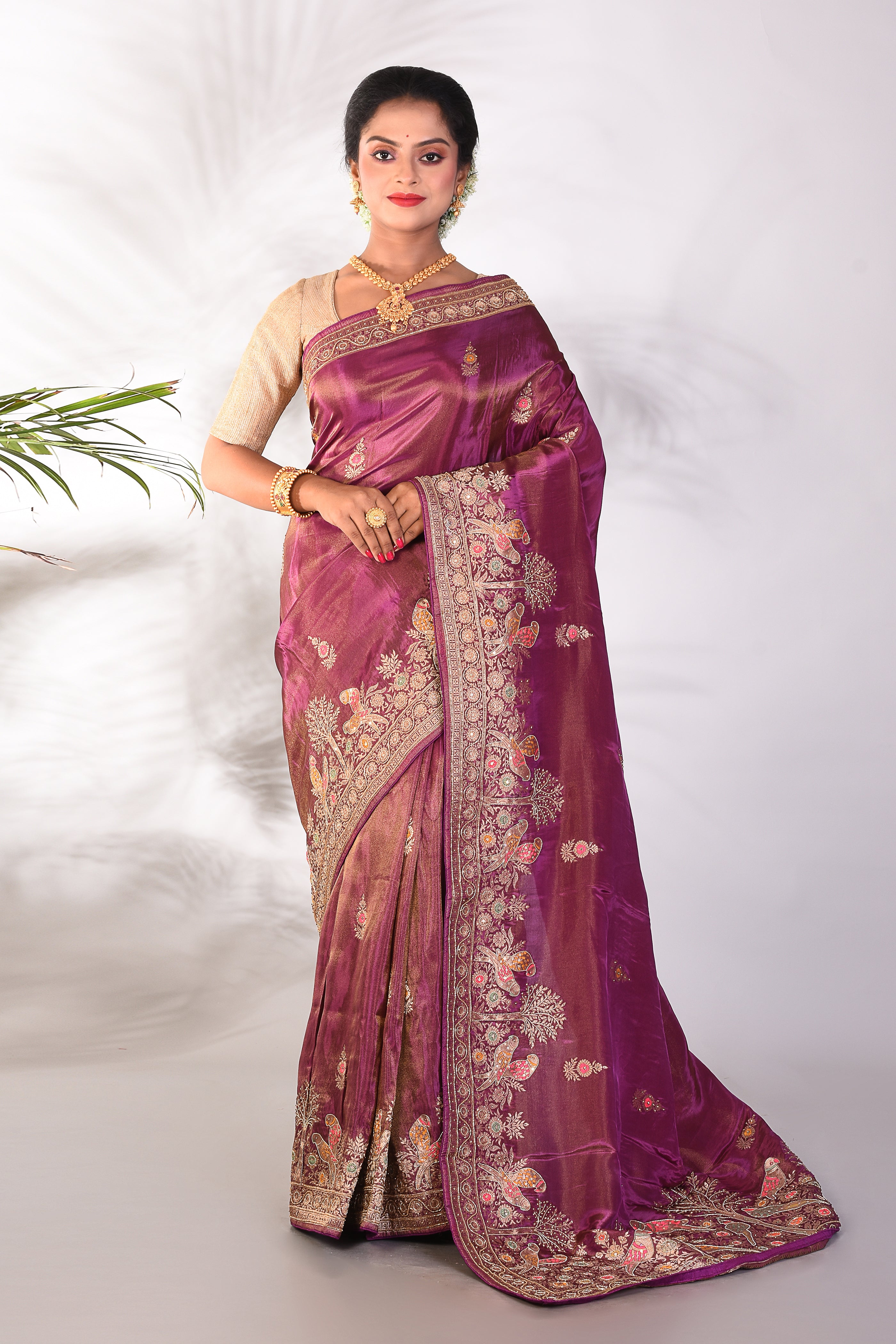 Purple Tissue Saree with Floral Work - Keya Seth Exclusive