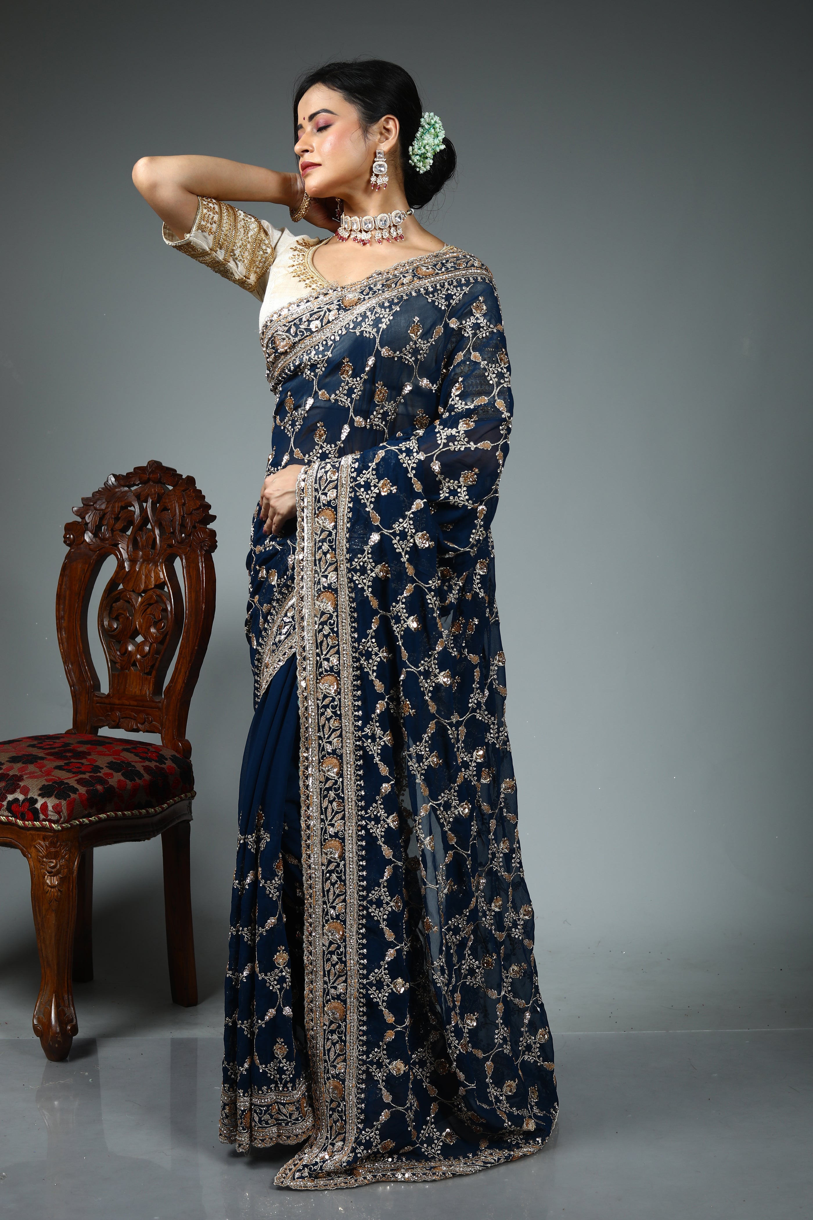 Midnight Blue Blended Georgette Saree