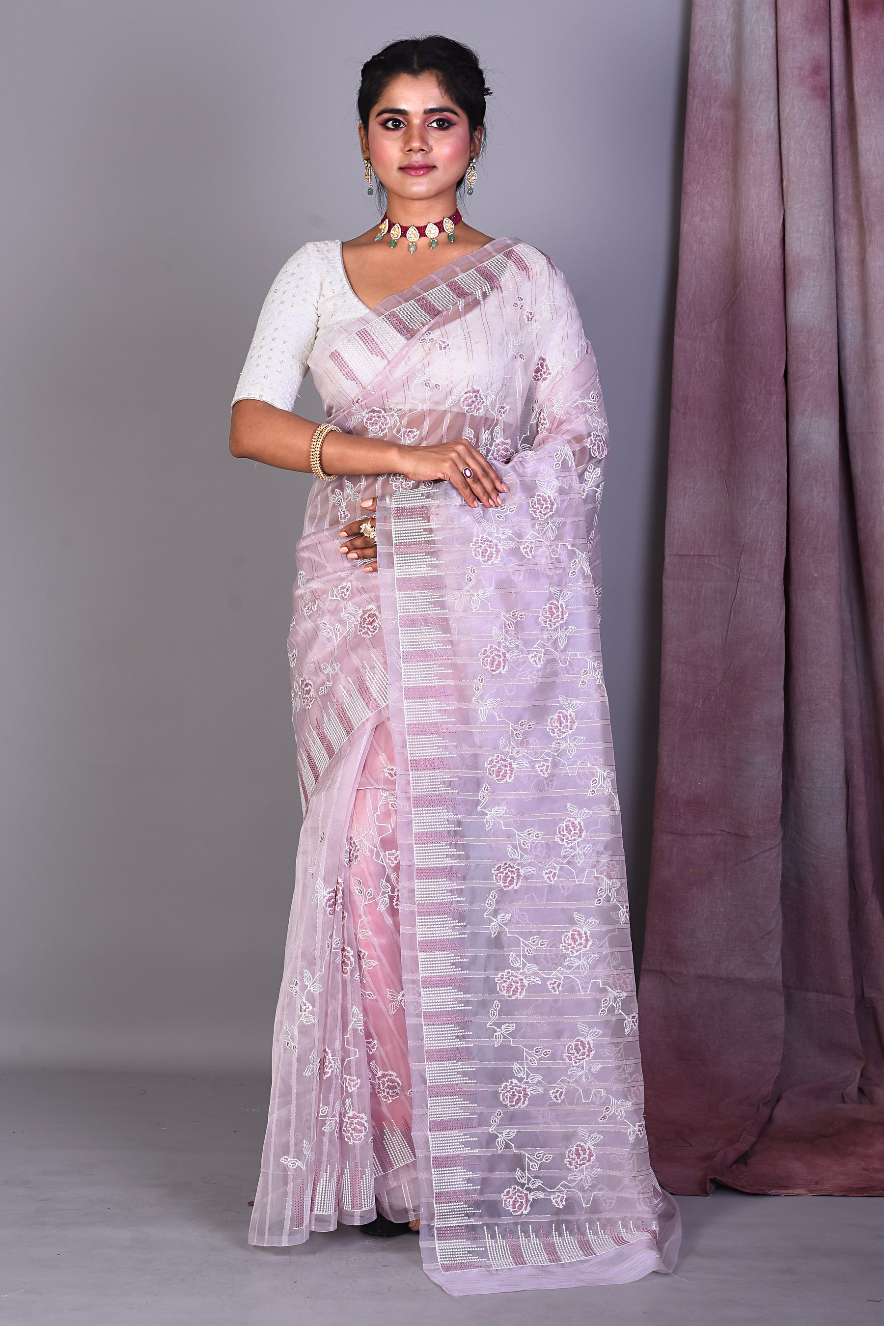 Light Mauve Blended Organza Saree with ThreadWorks - Keya Seth Exclusive