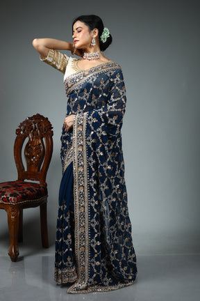 Midnight Blue Blended Georgette Saree
