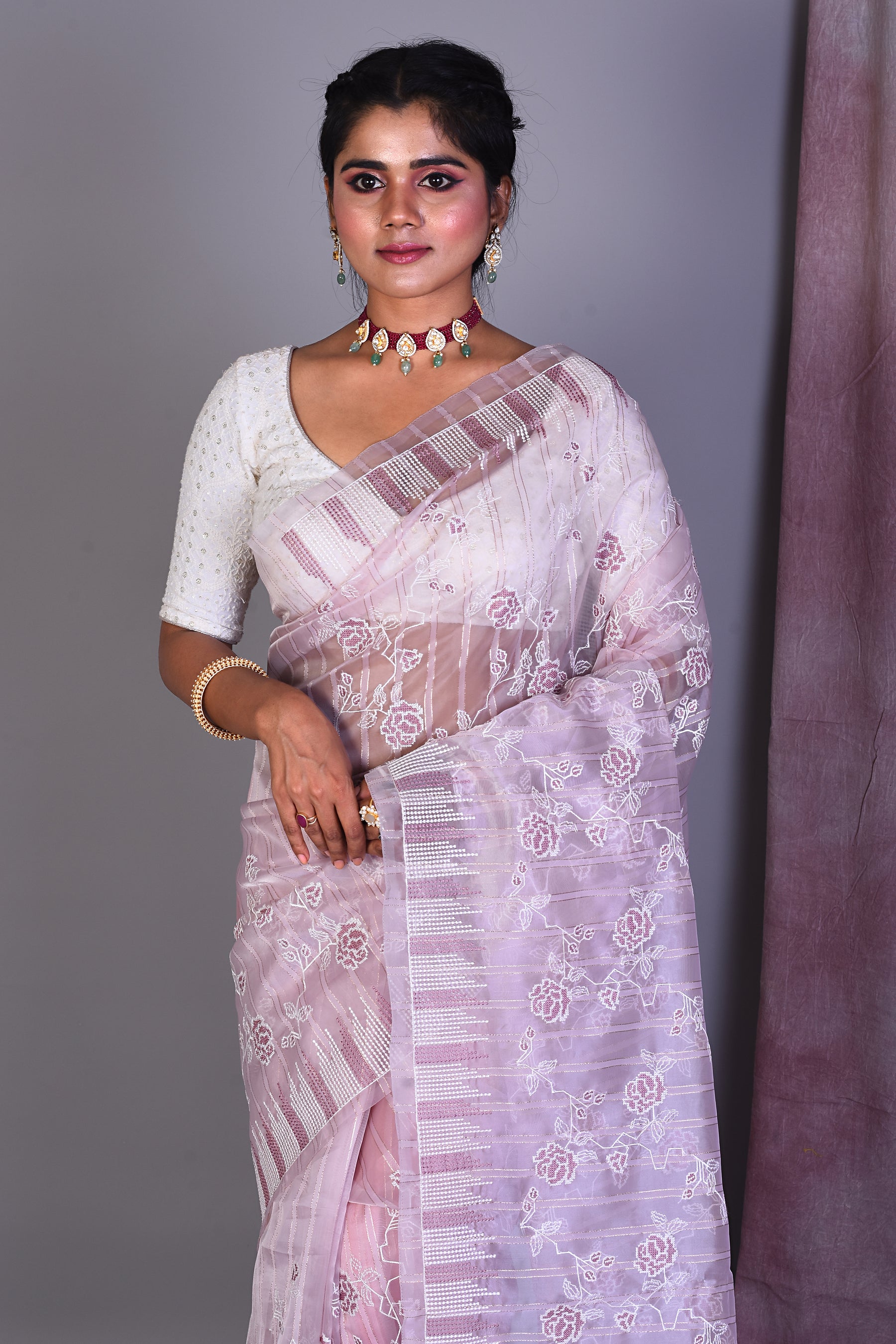 Light Mauve Blended Organza Saree with ThreadWorks - Keya Seth Exclusive