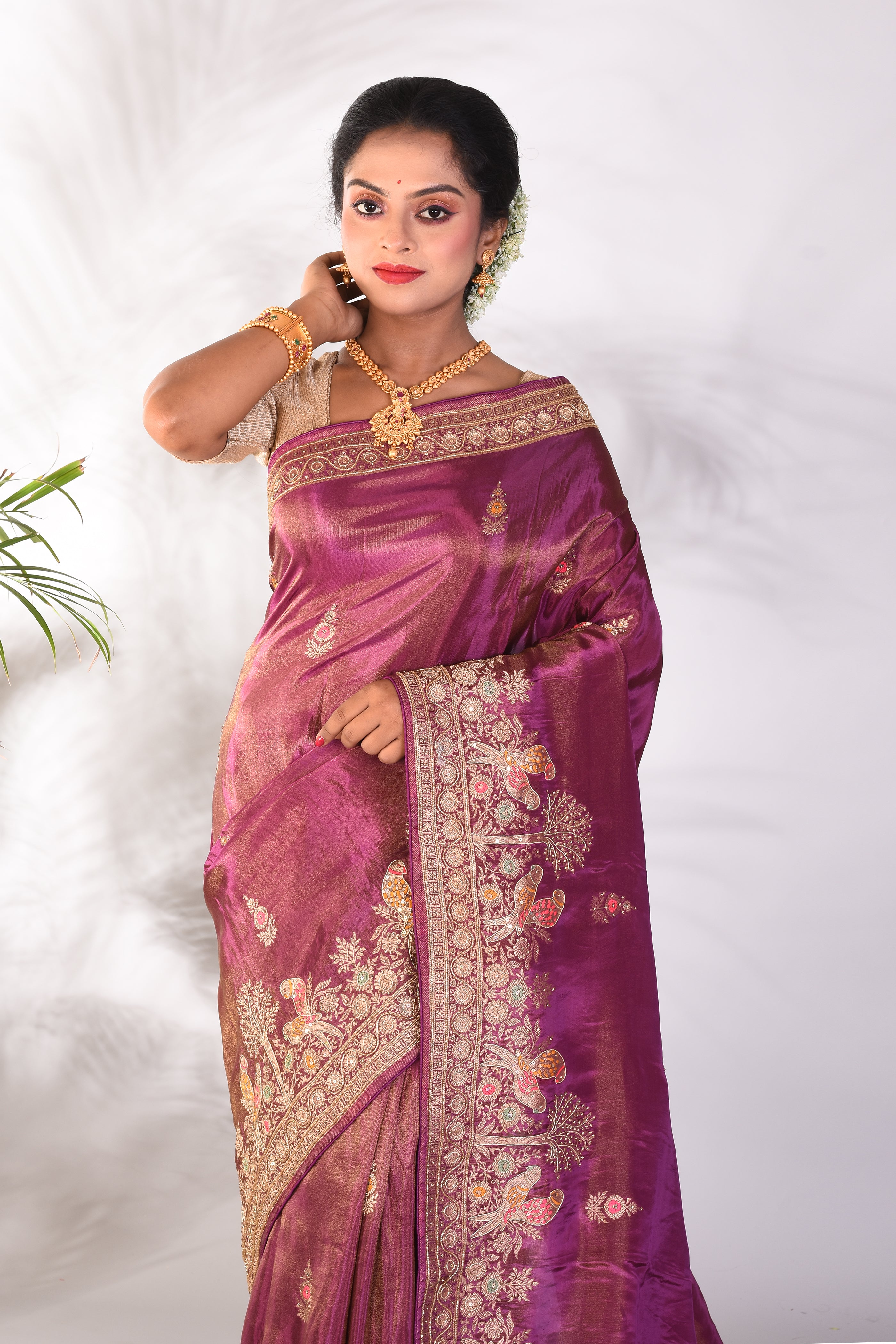 Purple Tissue Saree with Floral Work - Keya Seth Exclusive