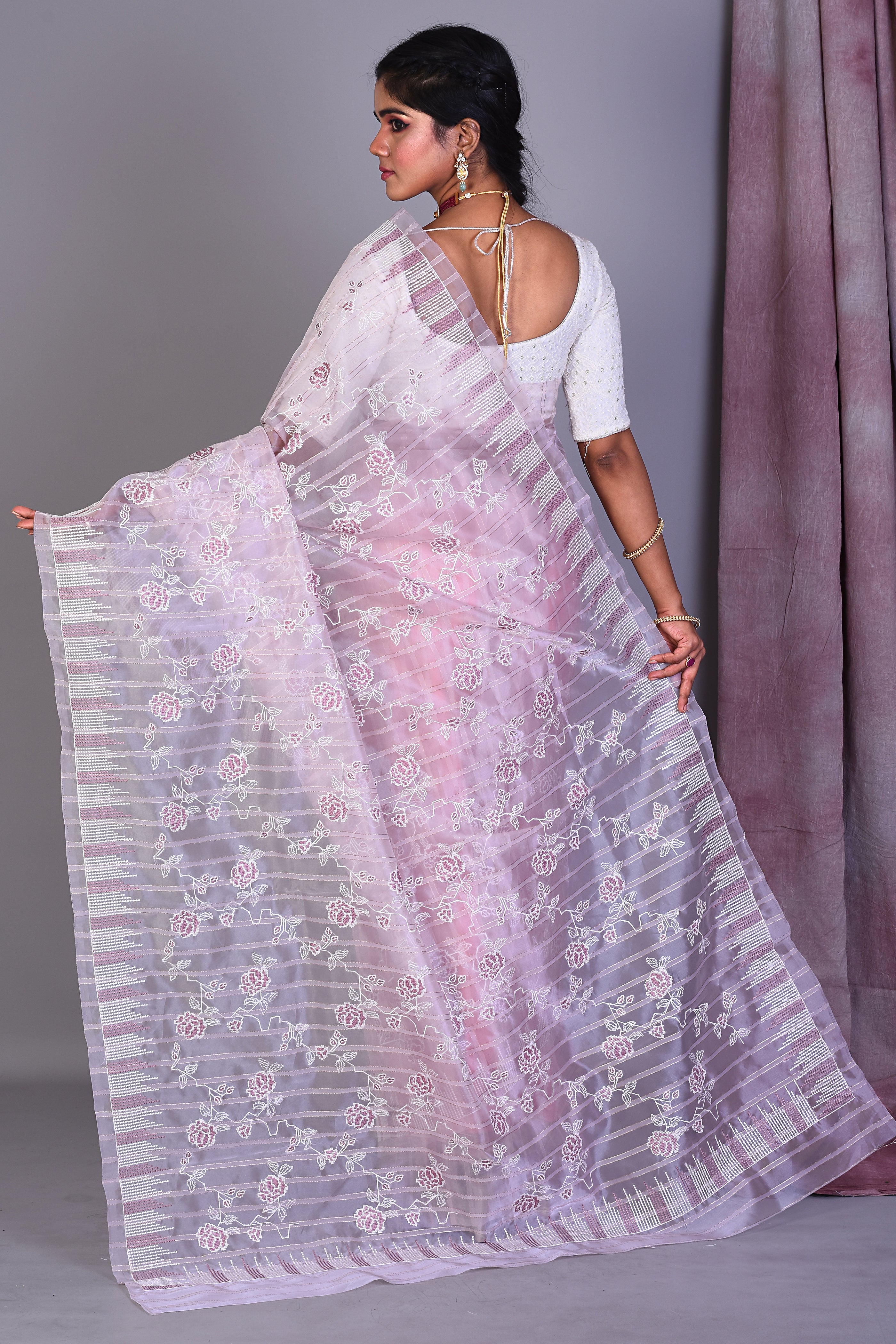 Light Mauve Blended Organza Saree with ThreadWorks - Keya Seth Exclusive