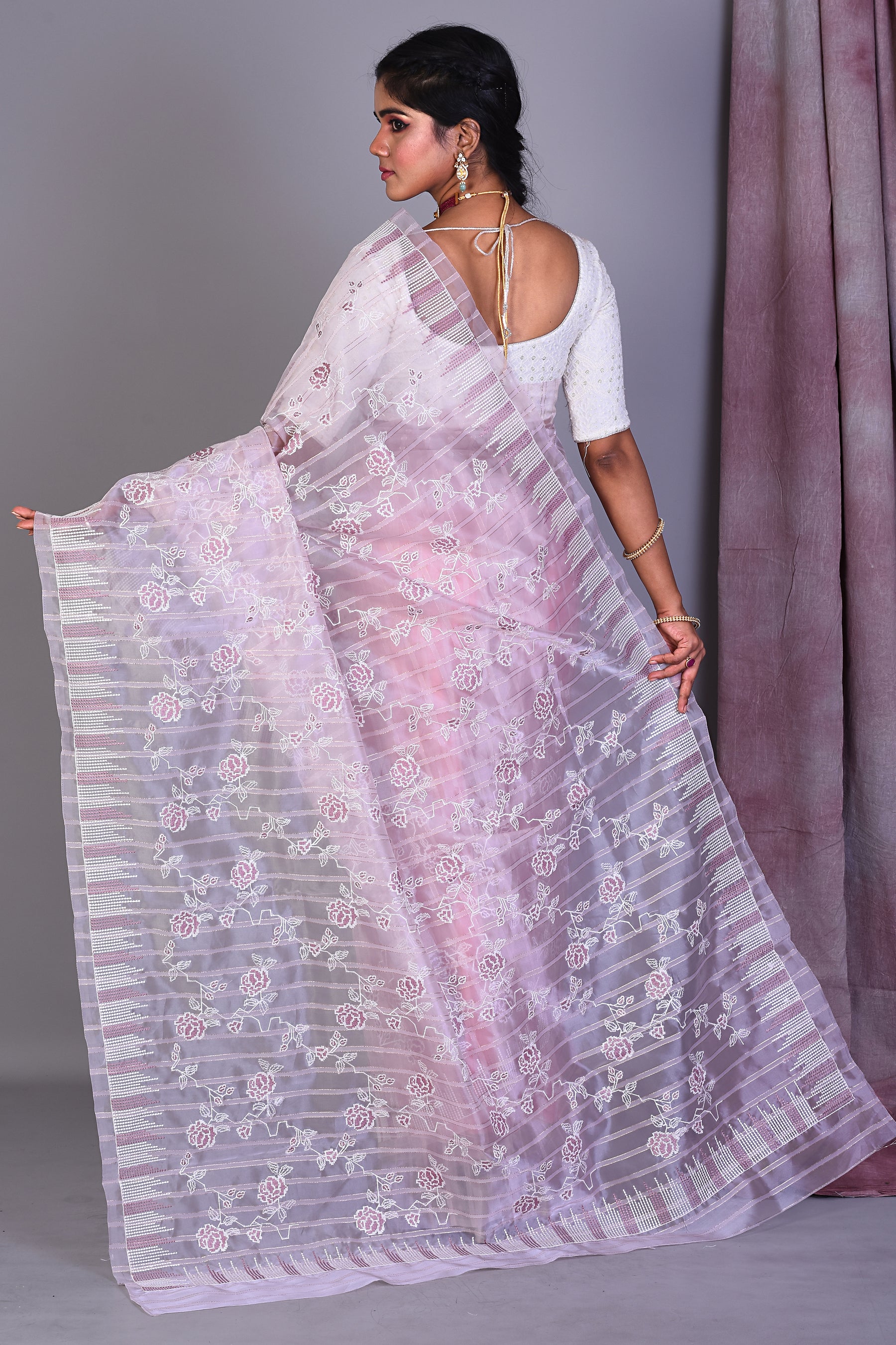 Light Mauve Blended Organza Saree with ThreadWorks - Keya Seth Exclusive