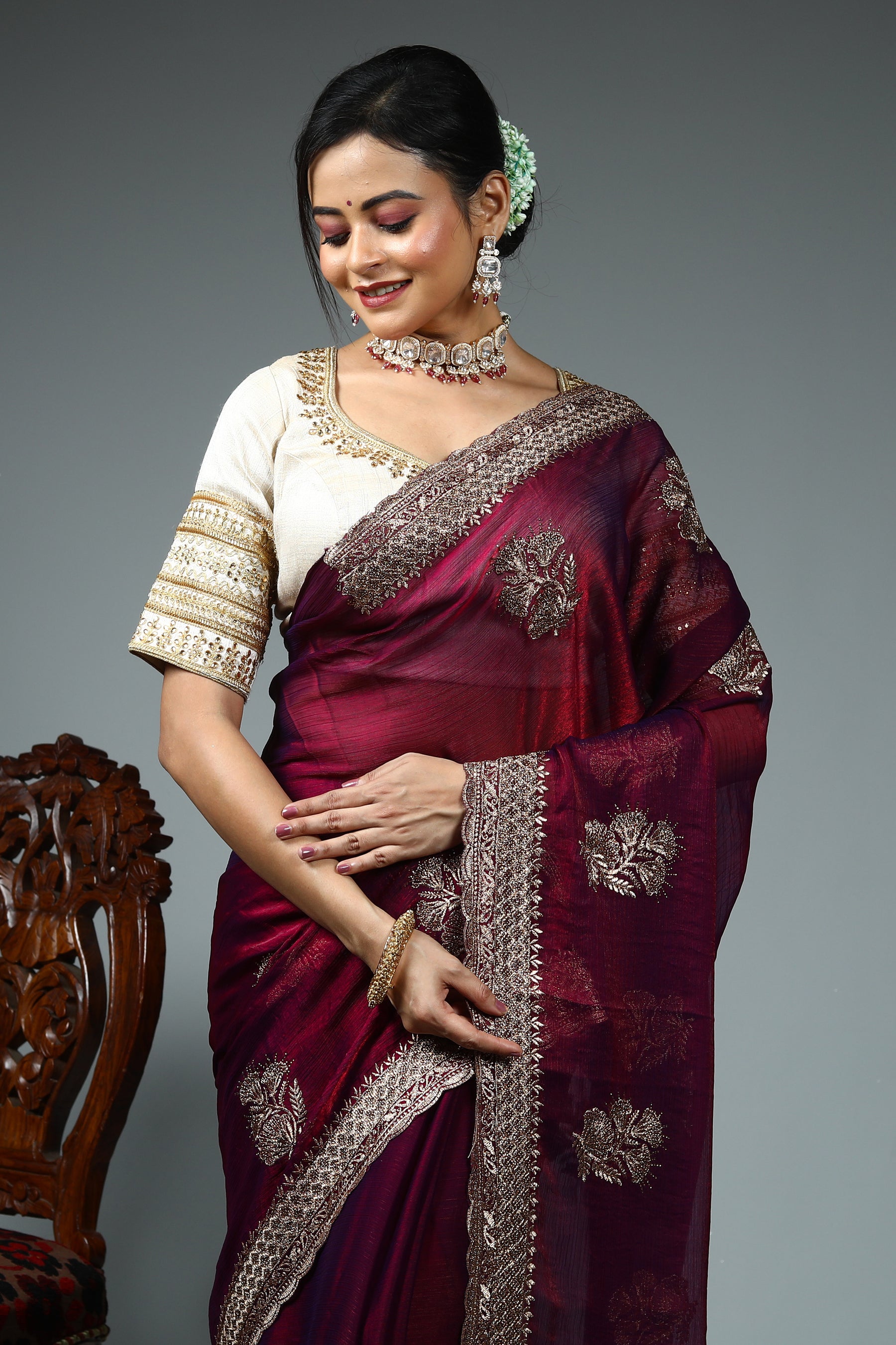 Maroon Blended Jimmy Choo Saree