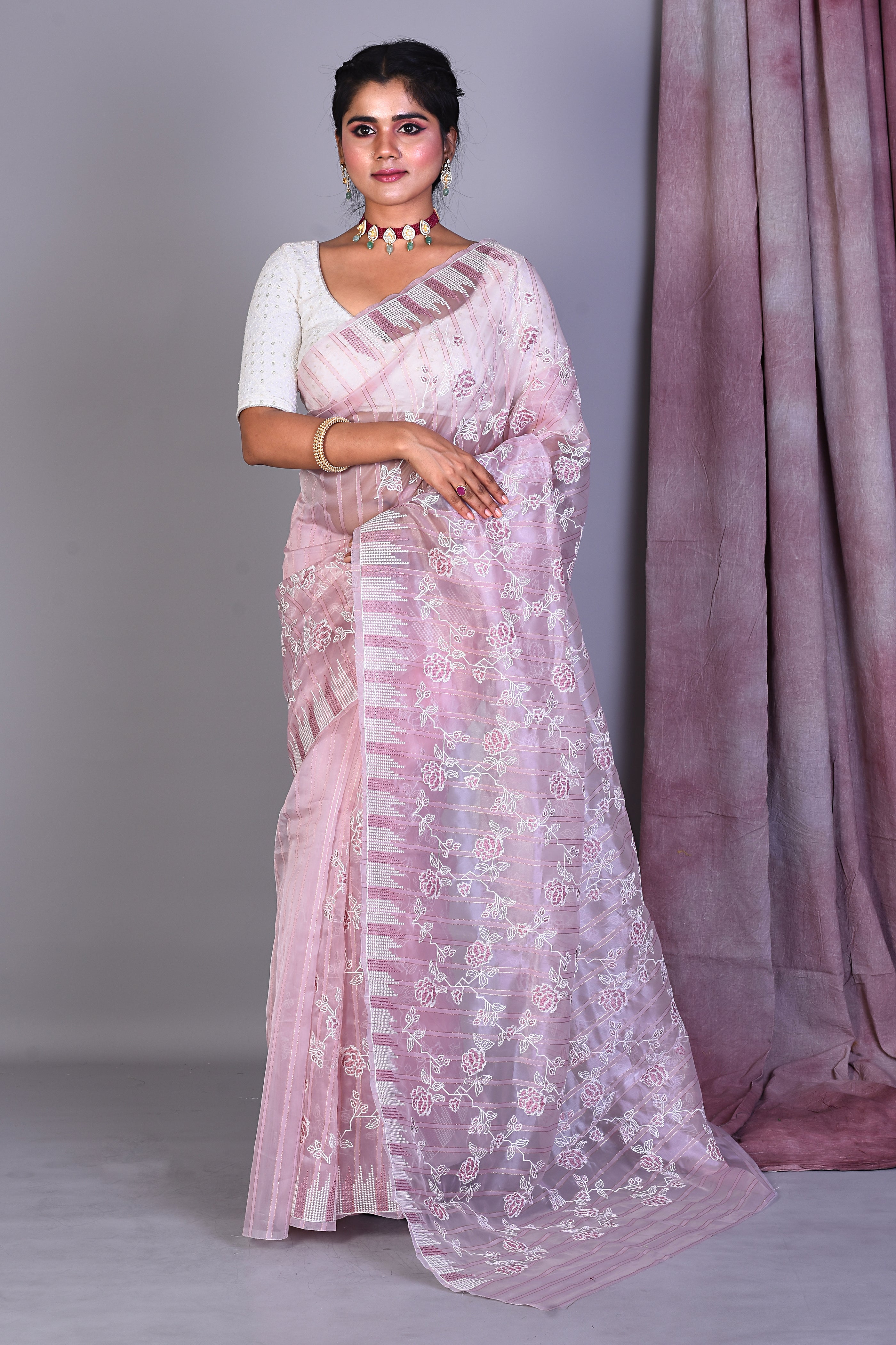 Light Pink Blended Organza Saree with ThreadWorks - Keya Seth Exclusive