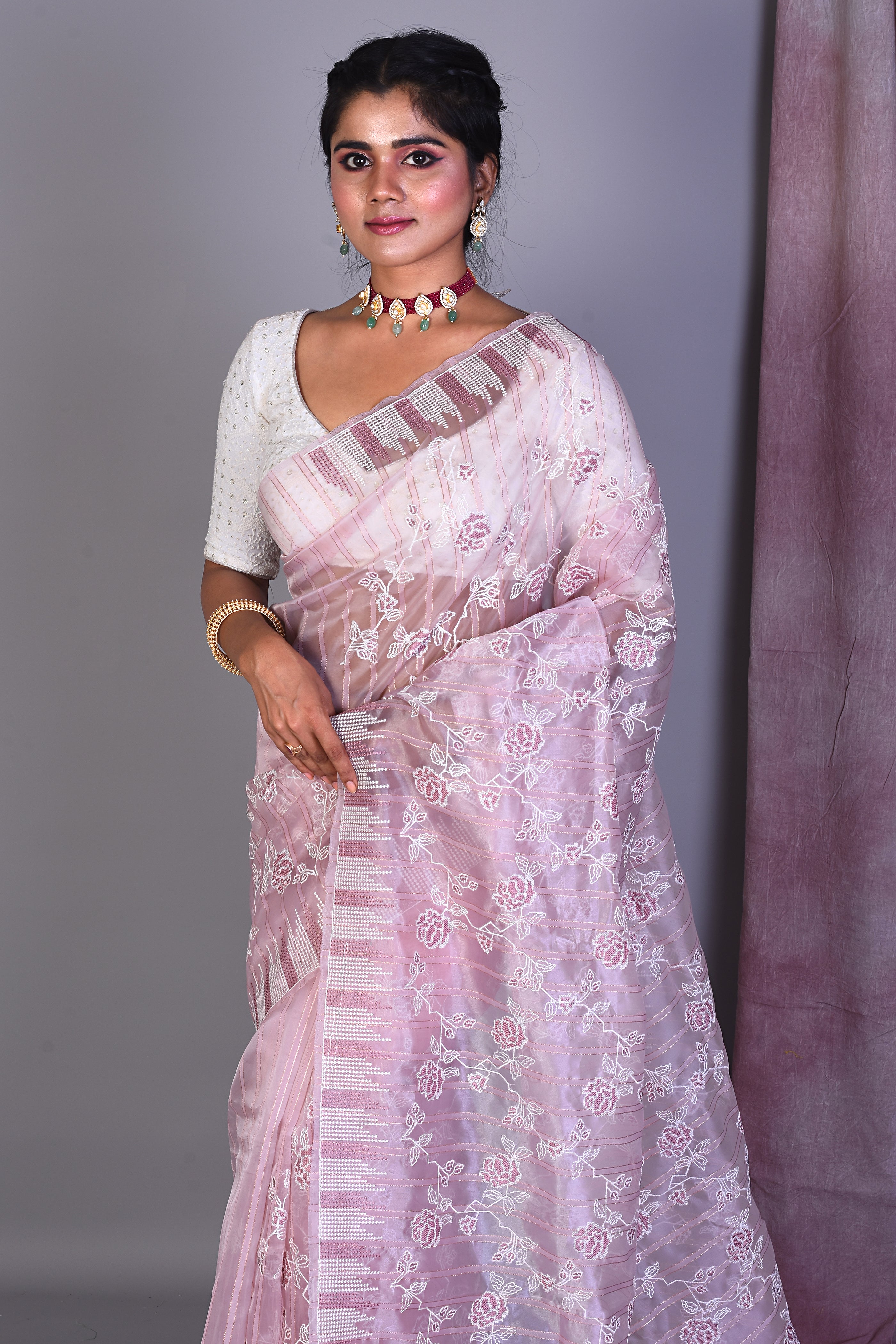 Light Pink Blended Organza Saree with ThreadWorks - Keya Seth Exclusive