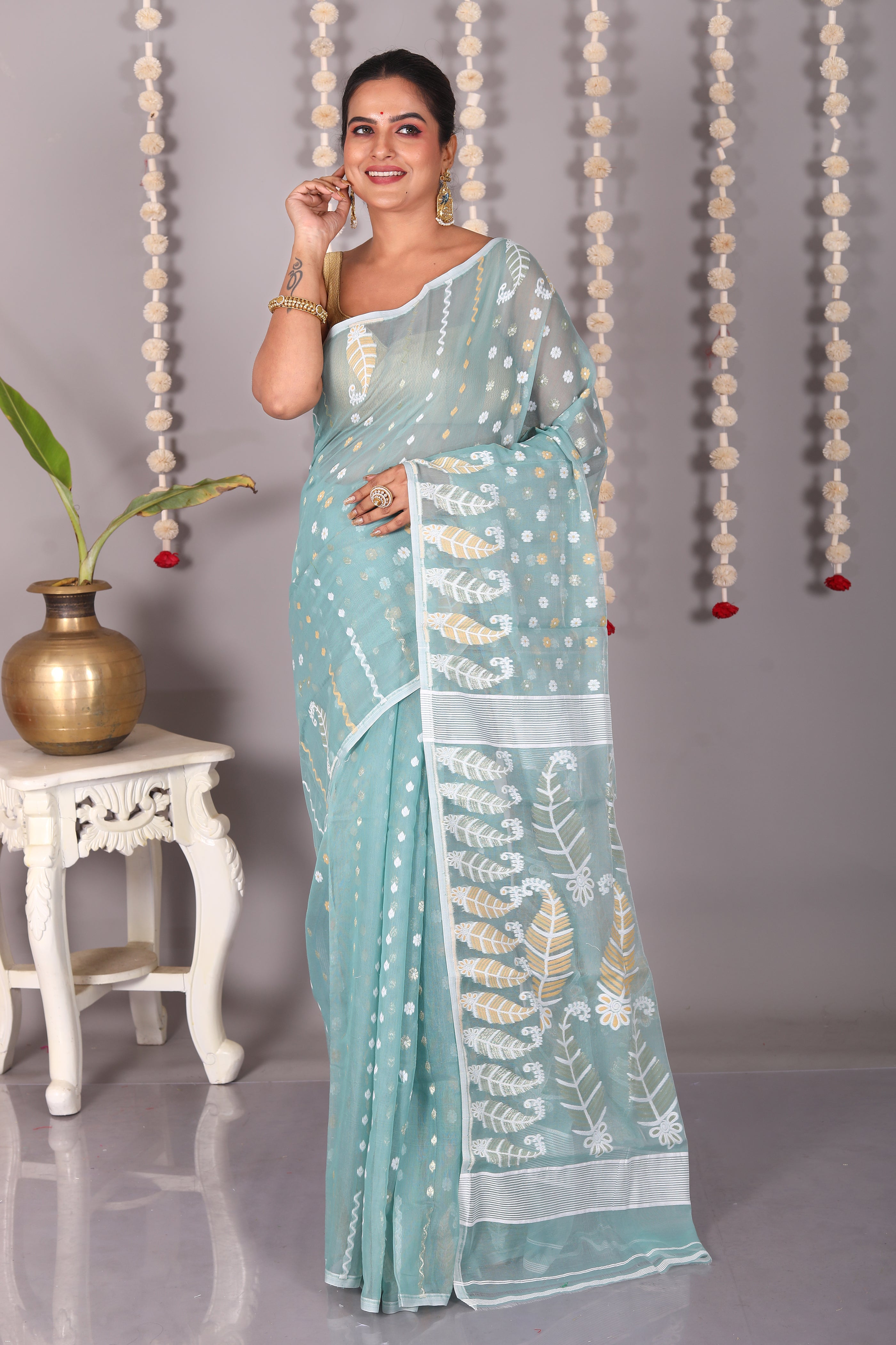 Light Green Cotton Jamdani Saree - Keya Seth Exclusive