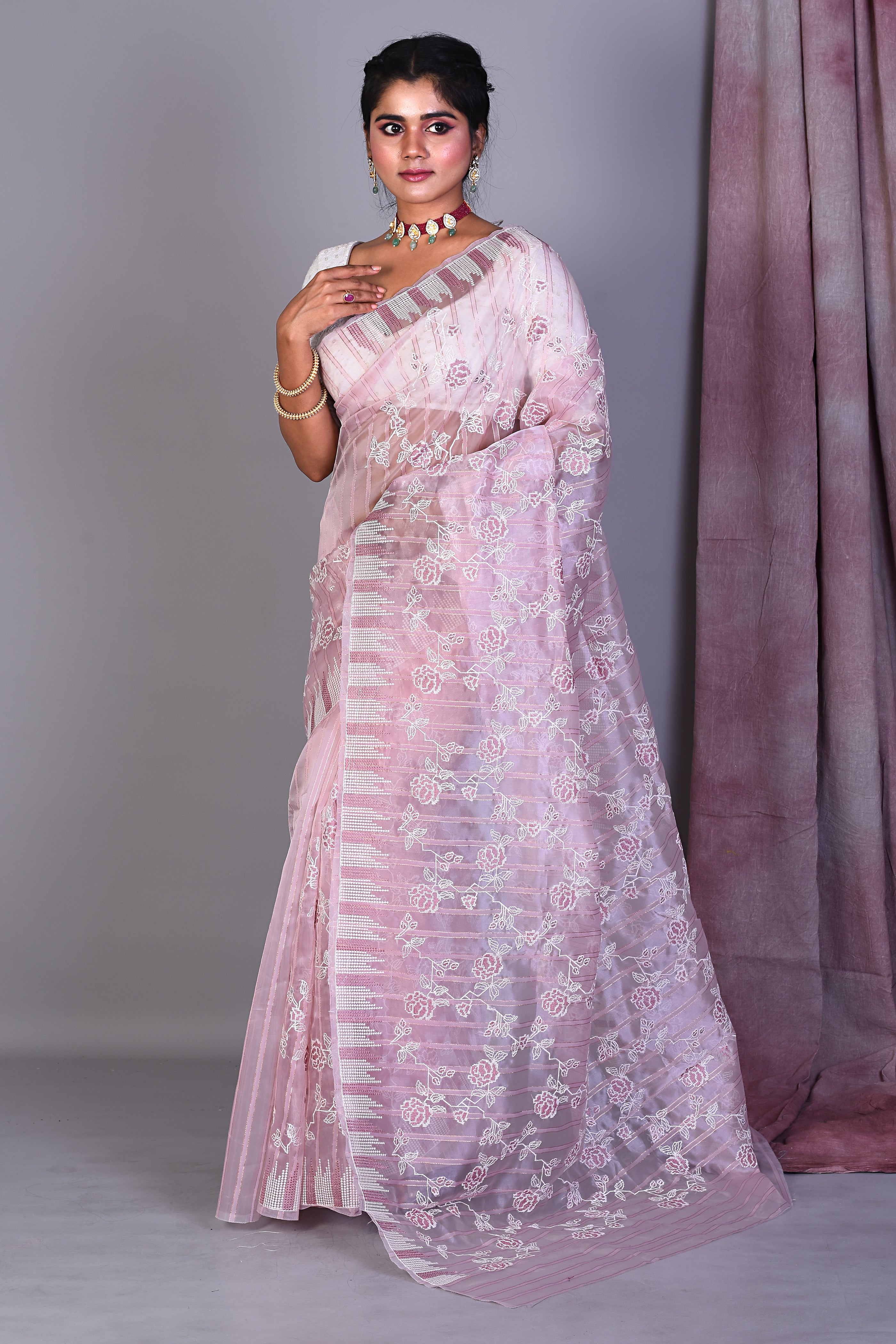 Light Pink Blended Organza Saree with ThreadWorks - Keya Seth Exclusive