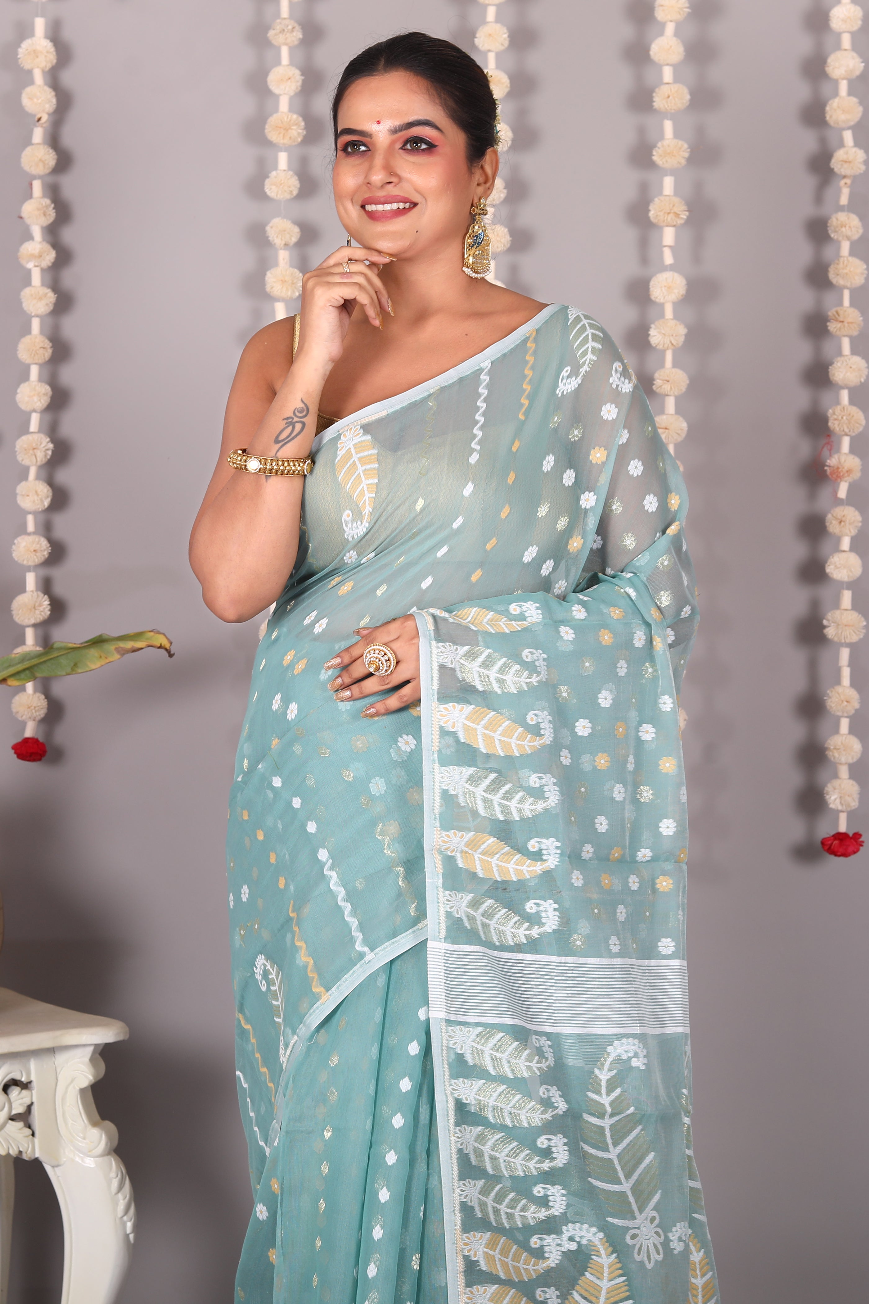 Light Green Cotton Jamdani Saree - Keya Seth Exclusive