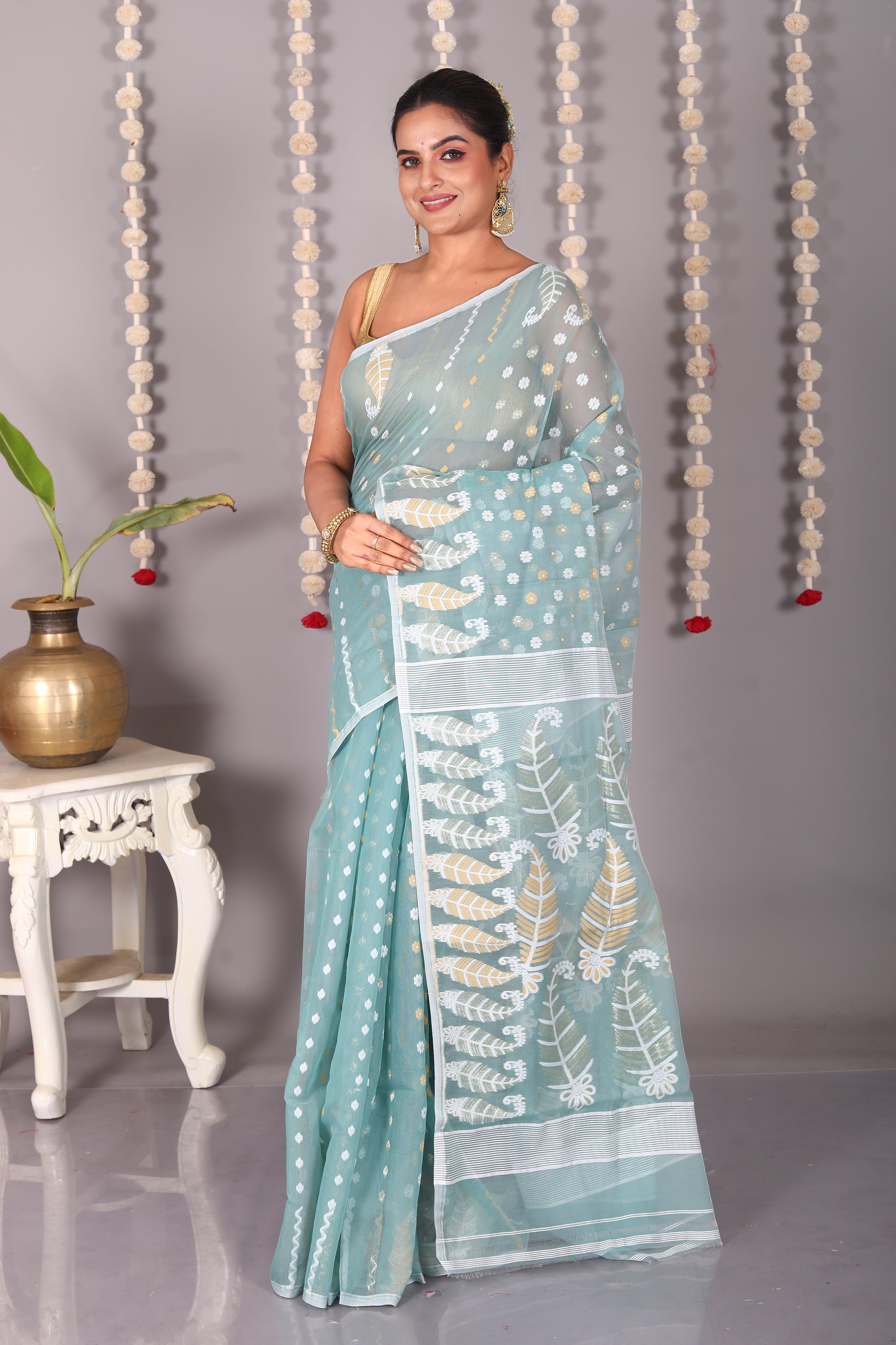 Light Green Cotton Jamdani Saree - Keya Seth Exclusive