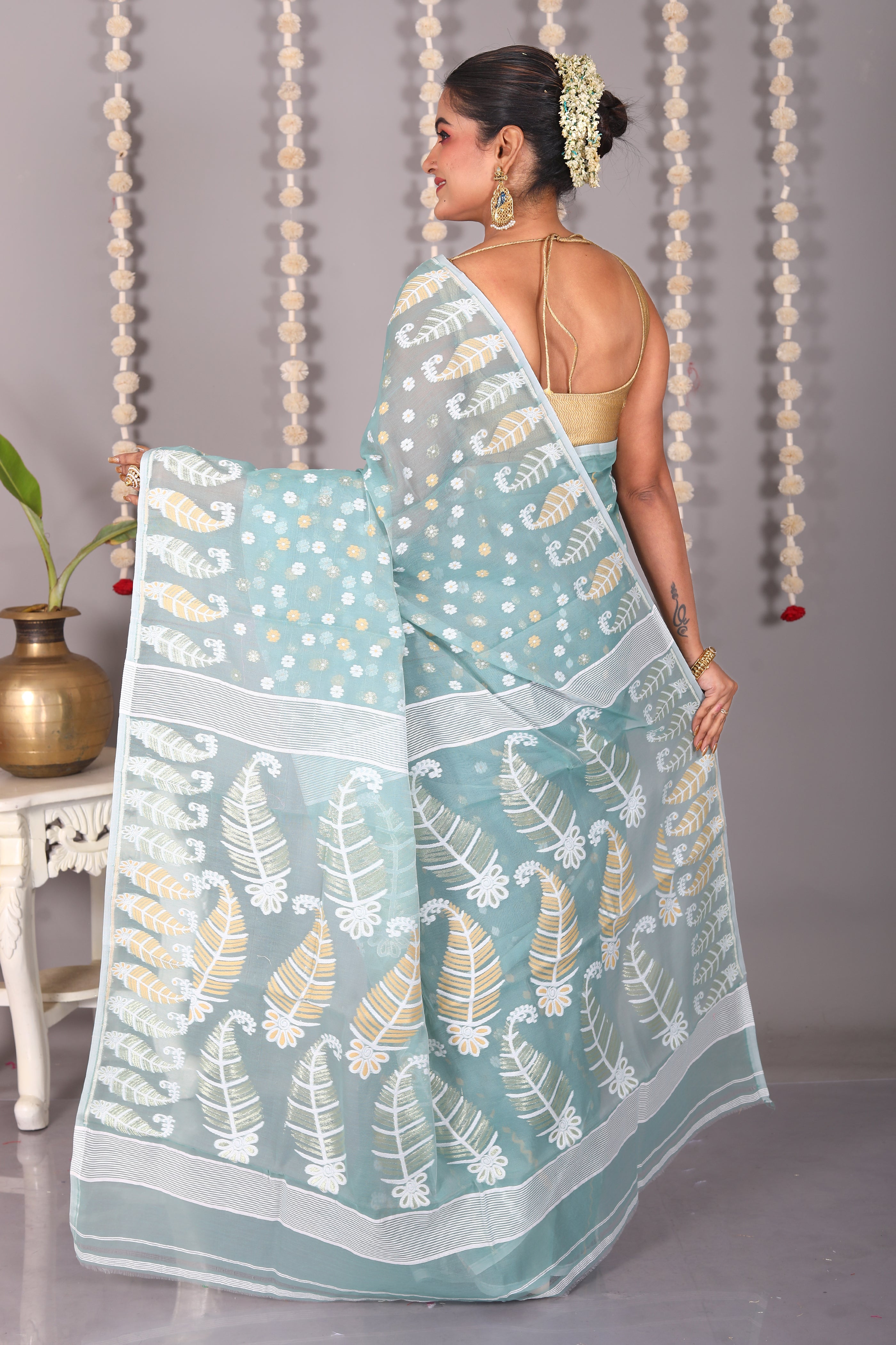 Light Green Cotton Jamdani Saree - Keya Seth Exclusive