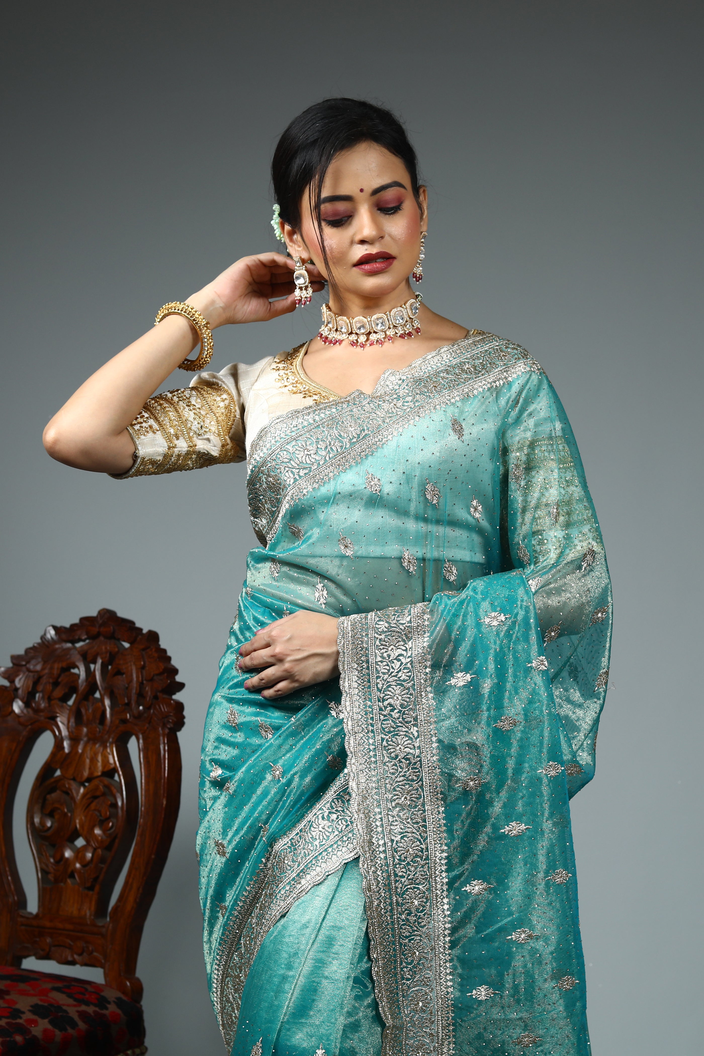 Sea Green Blended Jimmy Choo Saree