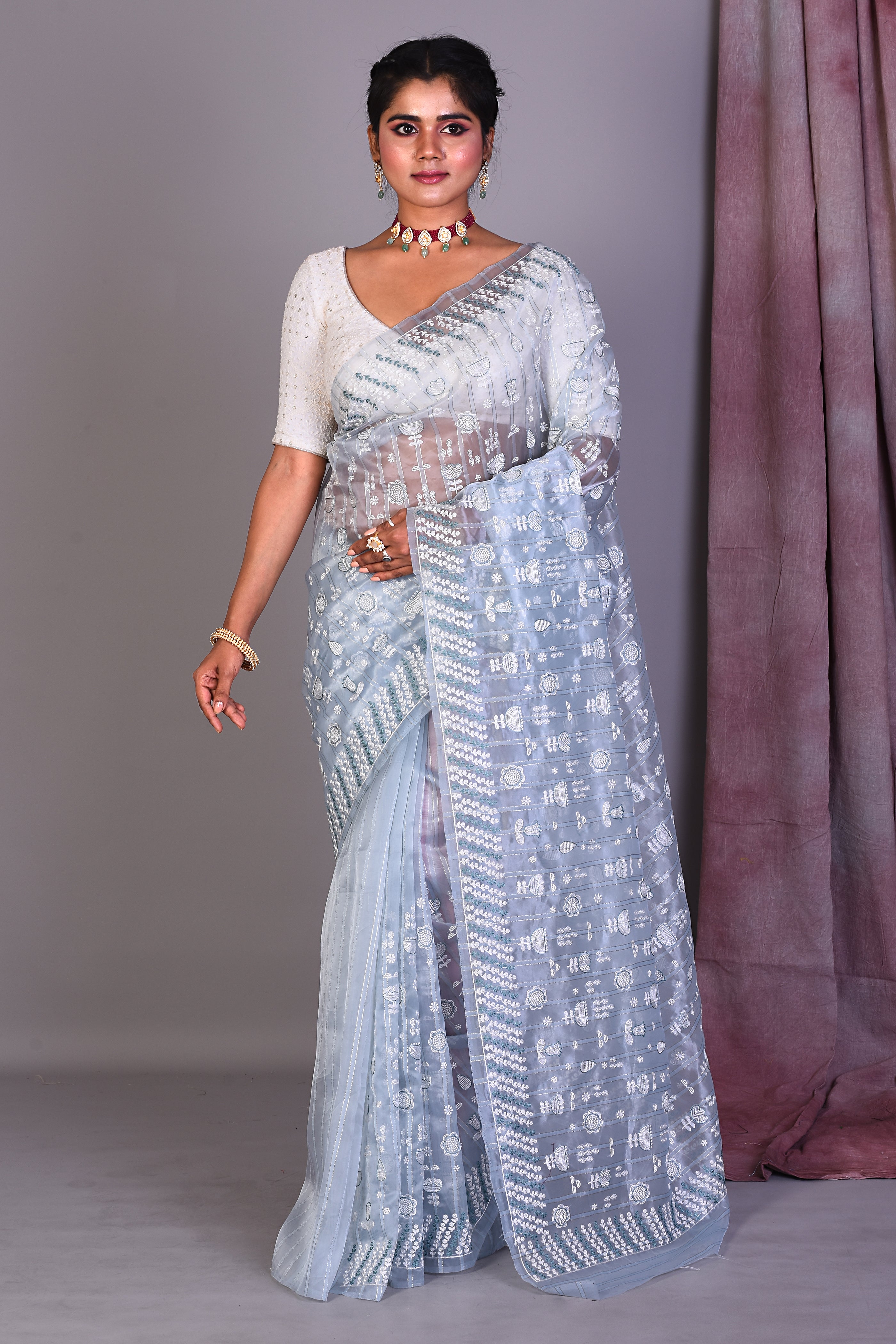 Light Grey Blended Organza Saree with ThreadWorks - Keya Seth Exclusive