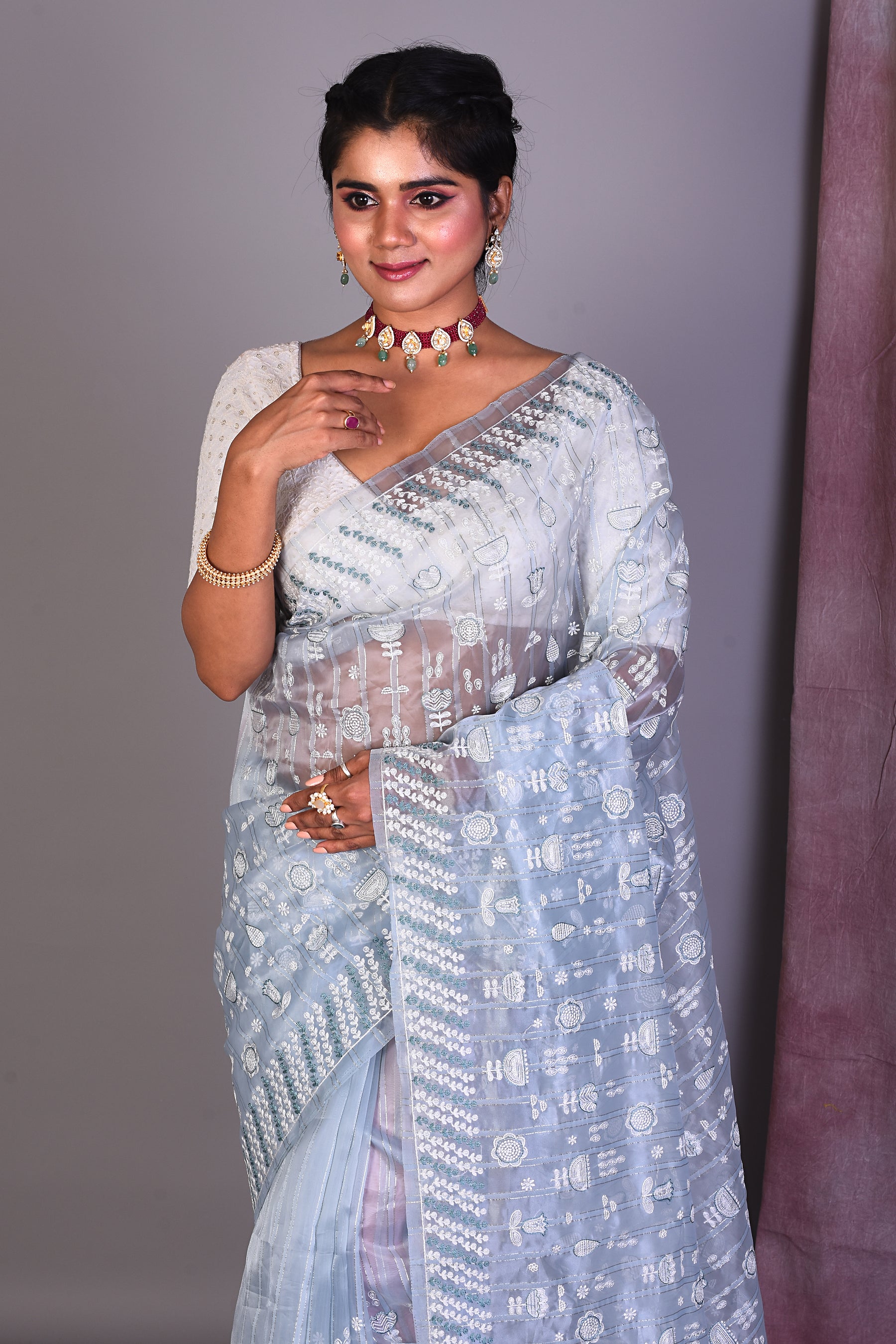 Light Grey Blended Organza Saree with ThreadWorks - Keya Seth Exclusive