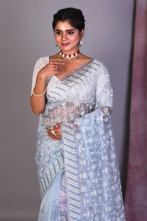 Light Grey Blended Organza Saree with ThreadWorks - Keya Seth Exclusive