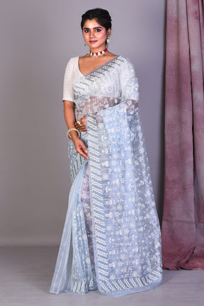 Light Grey Blended Organza Saree with ThreadWorks - Keya Seth Exclusive