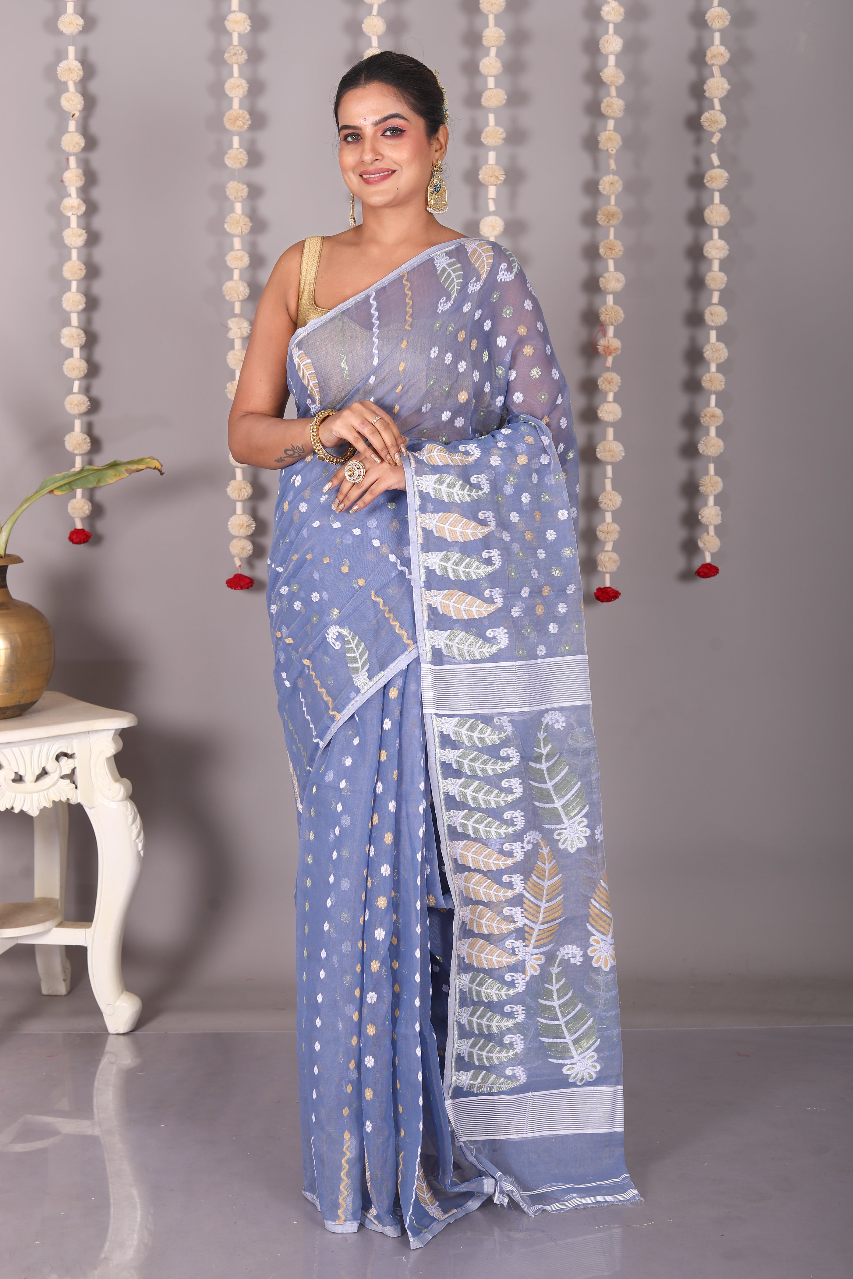 Grey Cotton Jamdani Saree - Keya Seth Exclusive